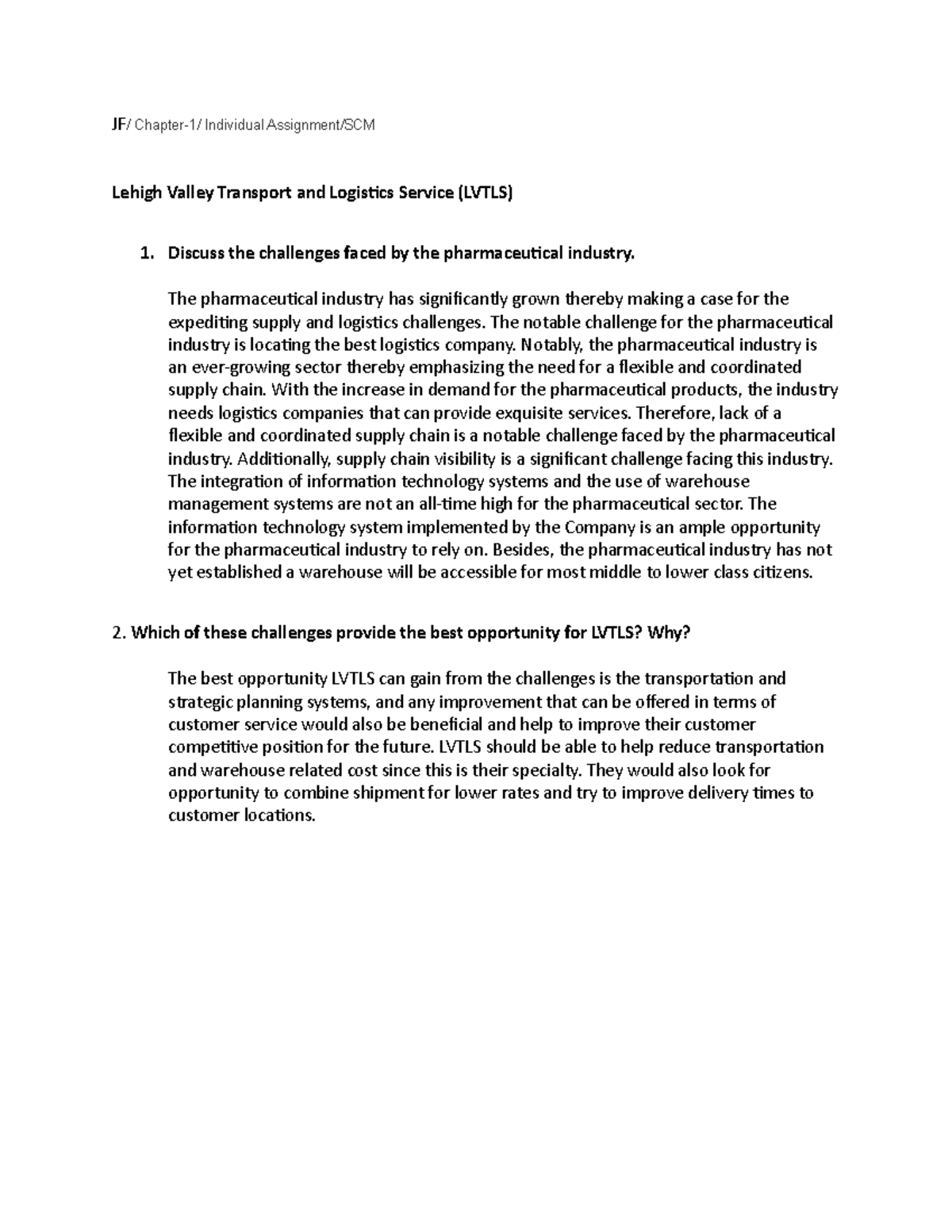 Supply Chain Case study 1 Lehigh JF/ Chapter1/ Individual