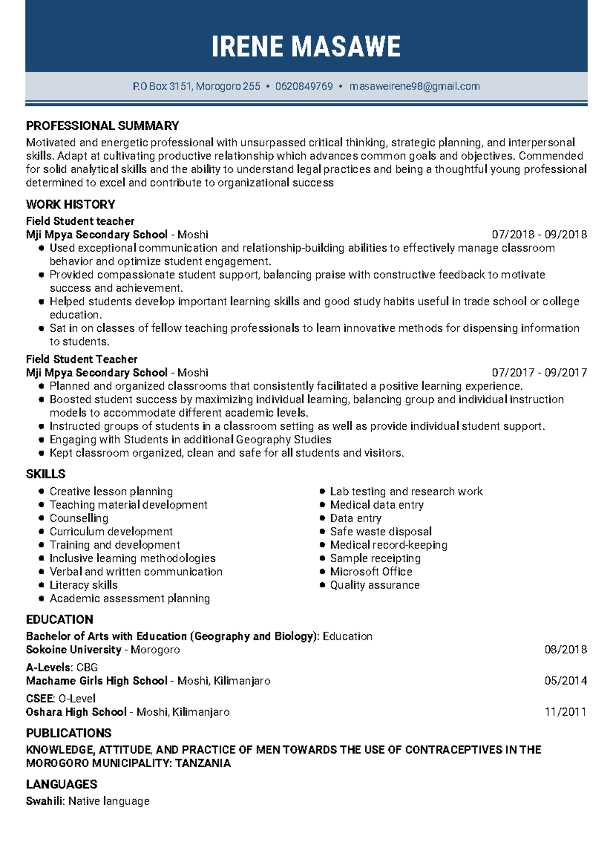 Irene Masawe CV 2 5 - ffggfg - PROFESSIONAL SUMMARY WORK HISTORY SKILLS ...