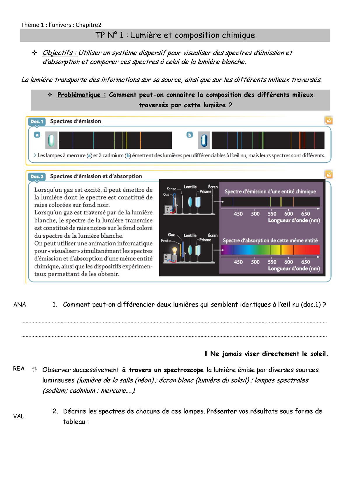 Lumiere Et Composition Chimique Tp Th Me Lunivers Chapitre Tp N Lumi Re Et