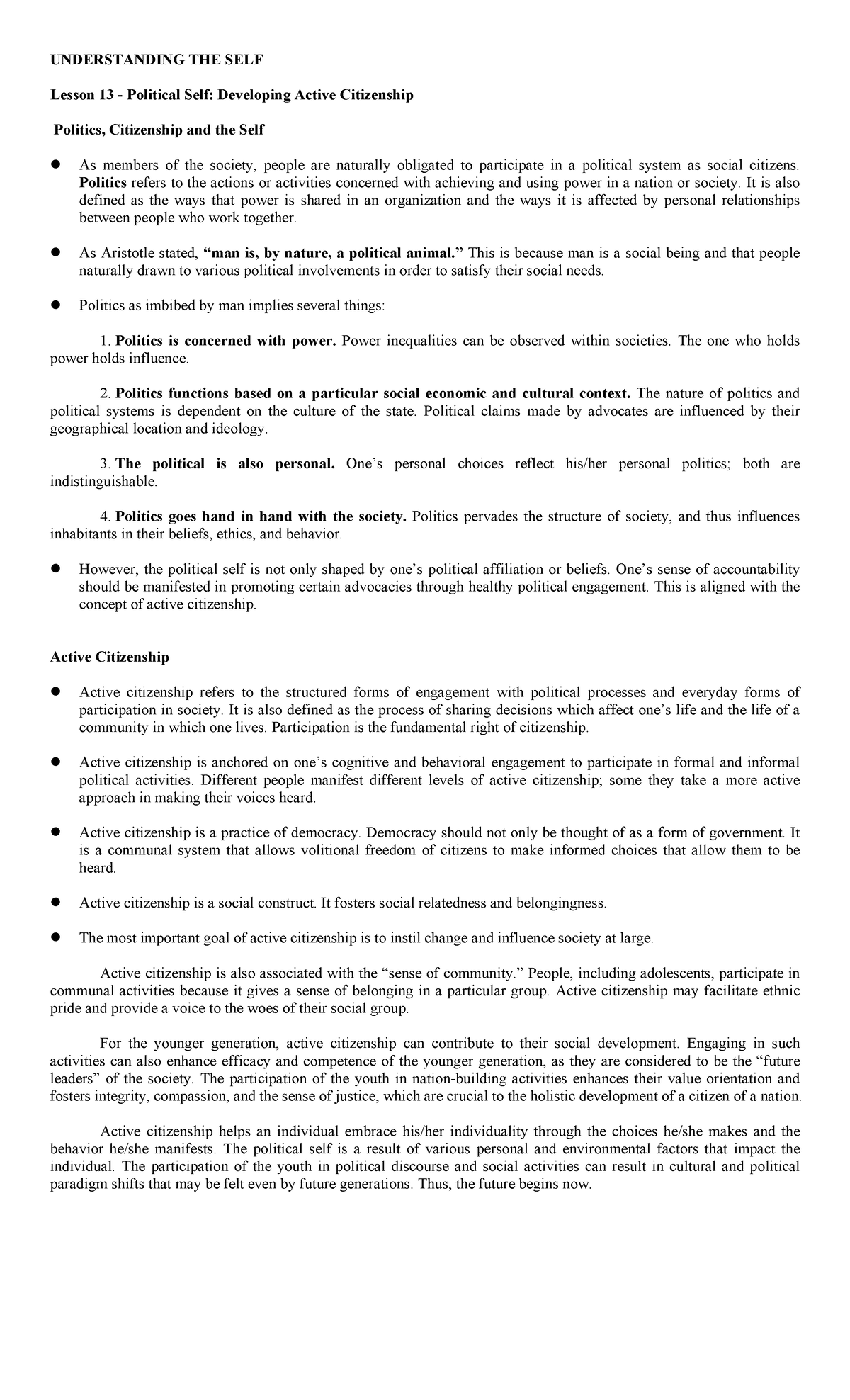 Lesson 12 The Political Self Finmgt 1201 - UNDERSTANDING THE SELF ...