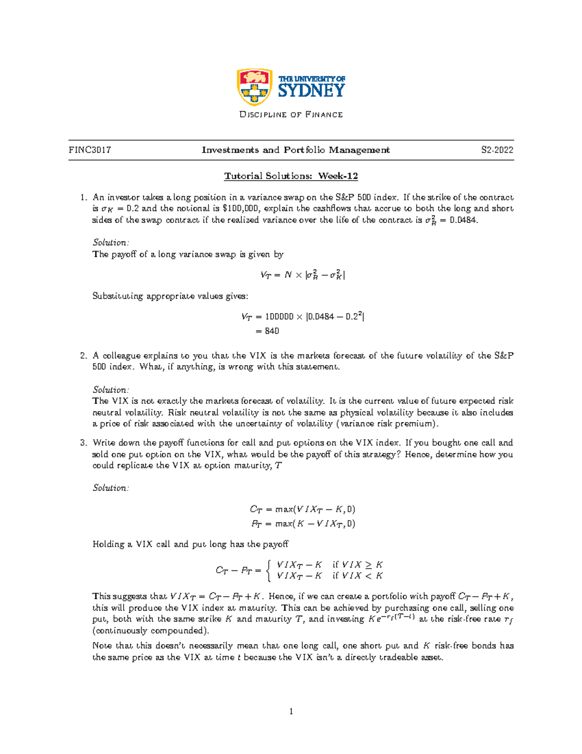 FINC3017 Tut12Soln - Notes - Discipline Of Finance FINC3017 Investments ...