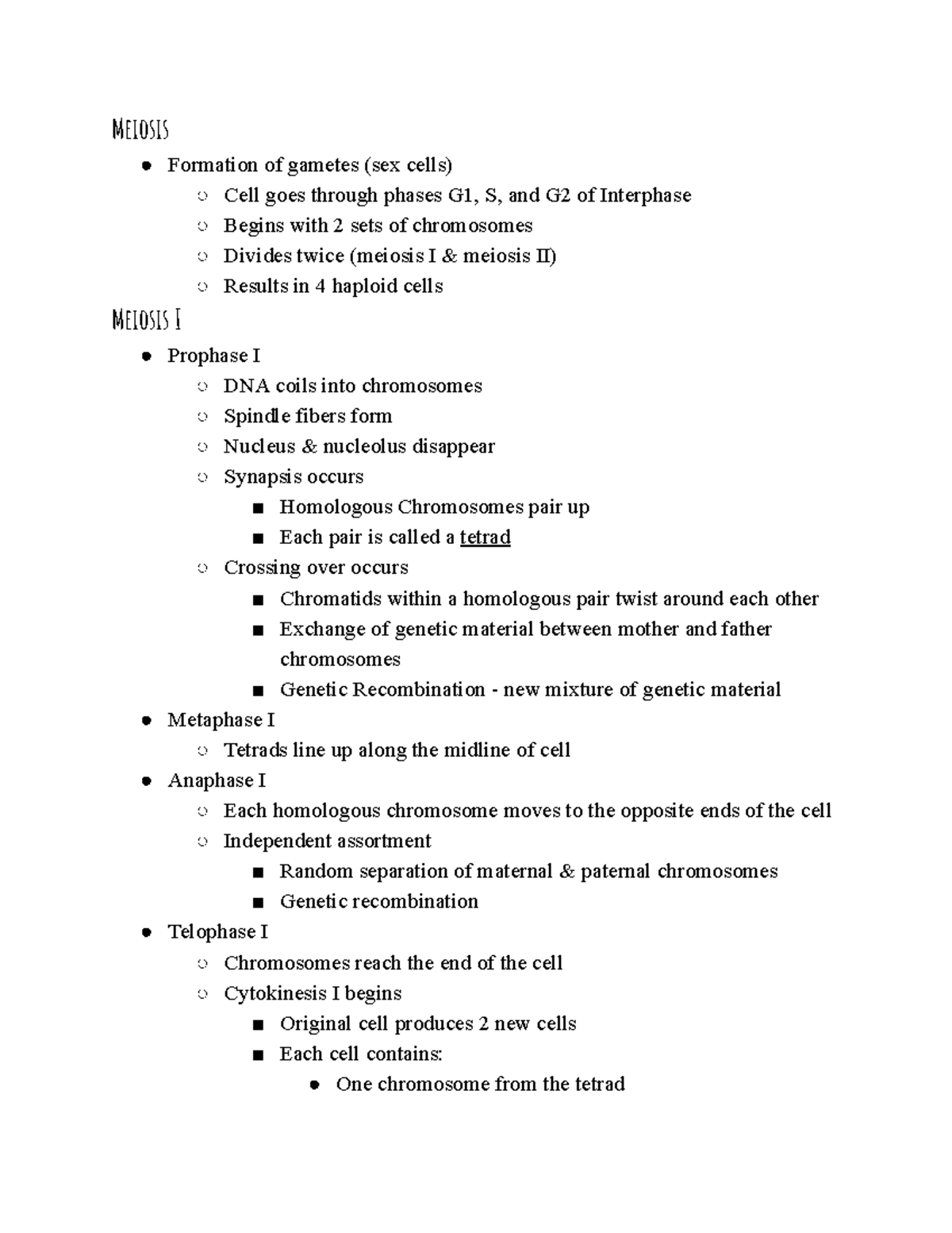 Meiosis notes - Meiosis Formation of gametes (sex cells) Cell goes ...