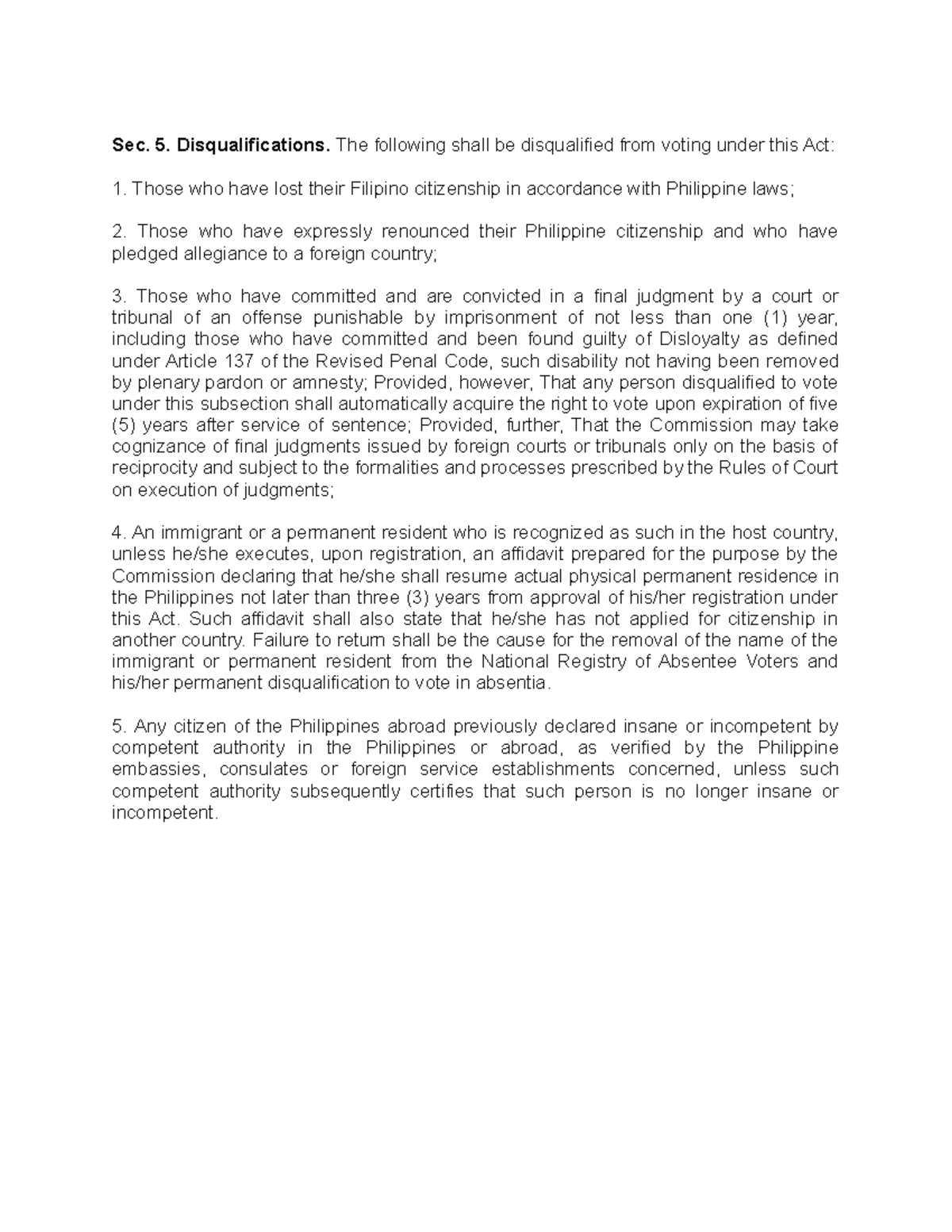 Disq voters - Pro forma - Sec. 5. Disqualifications. The following ...