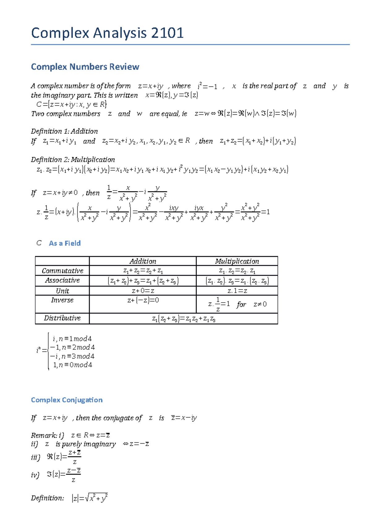 Complex Analysis 2101 - Lecture Notes All - Complex Analysis 2101 ...