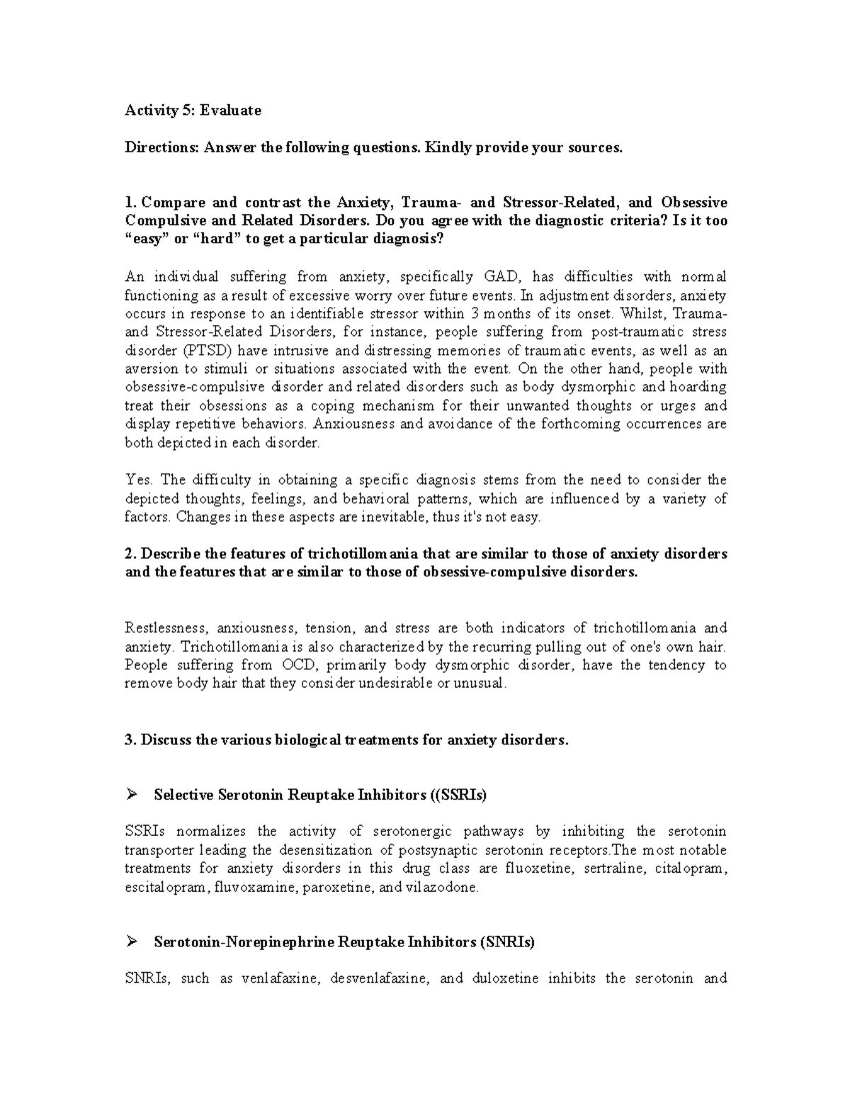 OCD Case Activity 5 Evaluate Directions Answer the