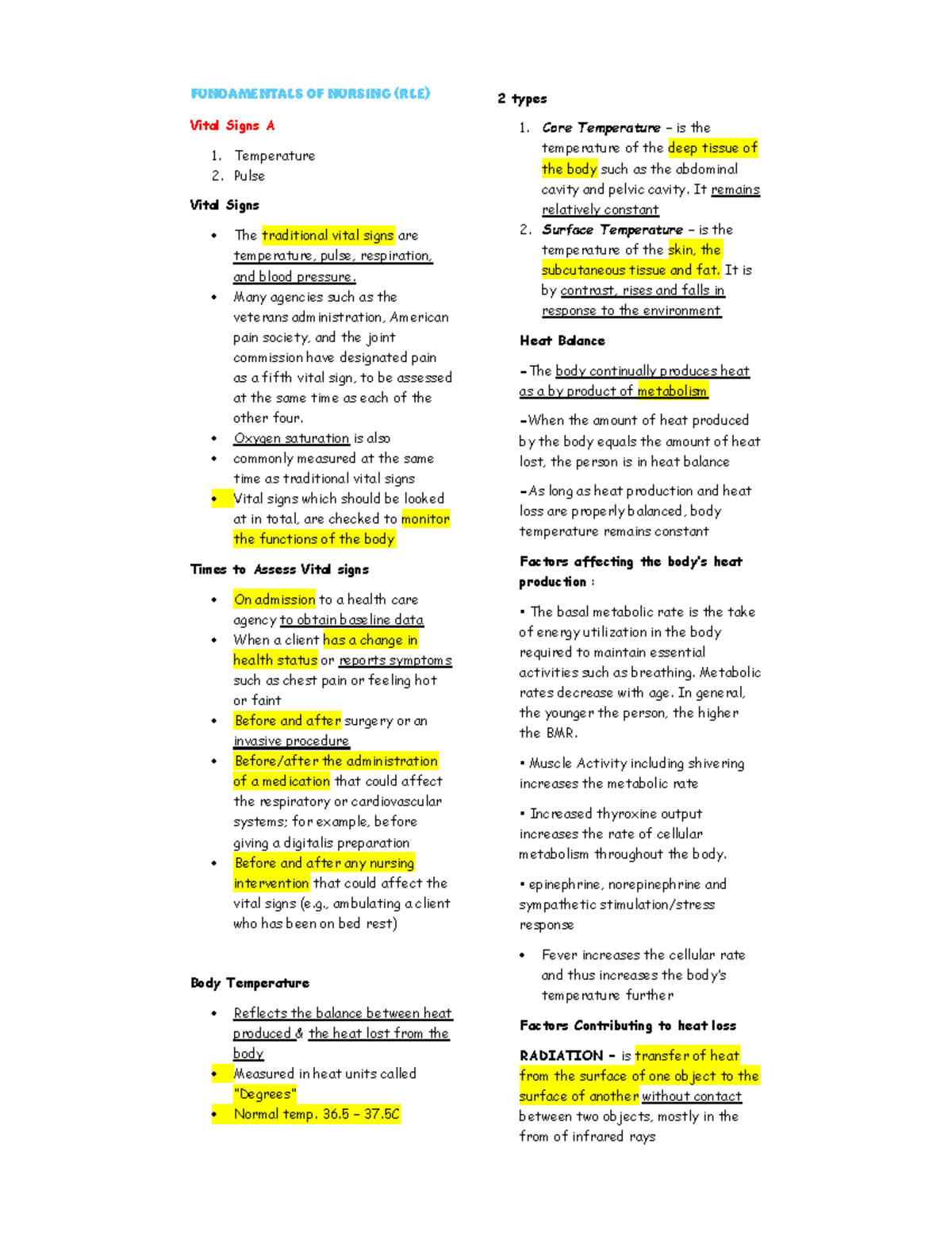 prelim reviewer - FUNDAMENTALS OF NURSING (RLE) Vital Signs A 1 ...