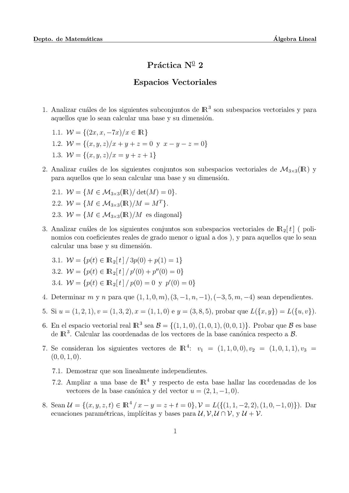 Ejercicios Obligatorios Algebra De Matematicas Practica 2 Espacios Vectoriales Studocu