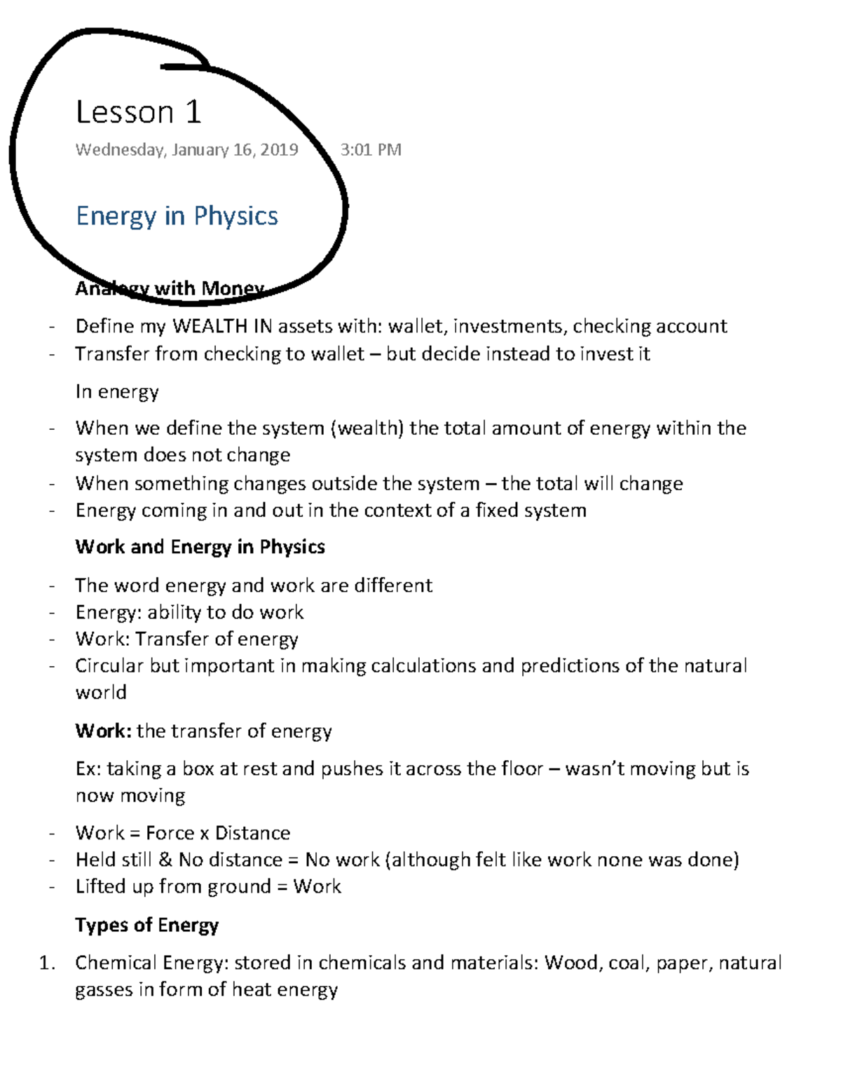 PHYS 273 Full Class Notes - Energy in Physics Analogy with Money Define ...