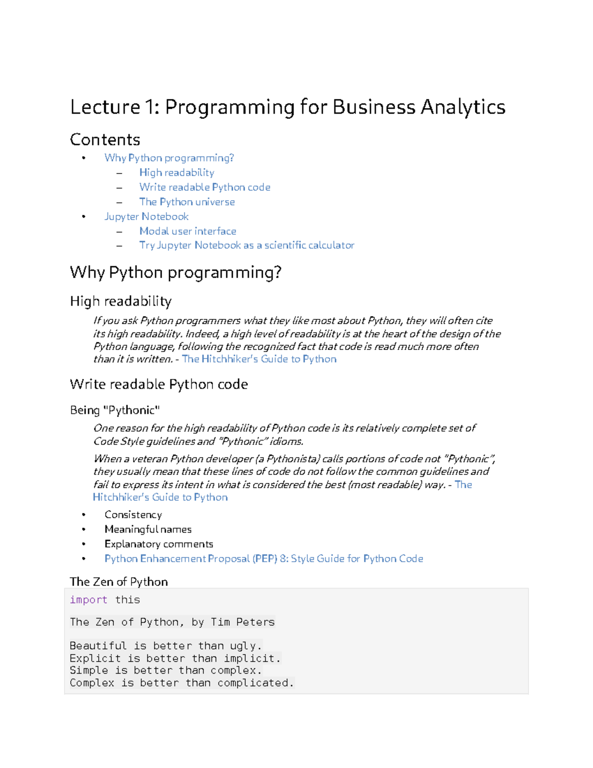 Summary Lecture 1 - Lecture 1: Programming for Business Analytics ...