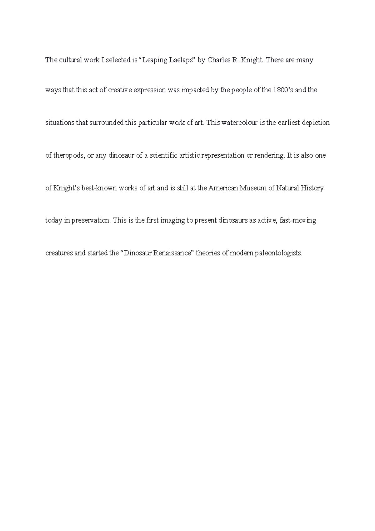 Cultural Works Essay - The cultural work I selected is “Leaping Laelaps ...