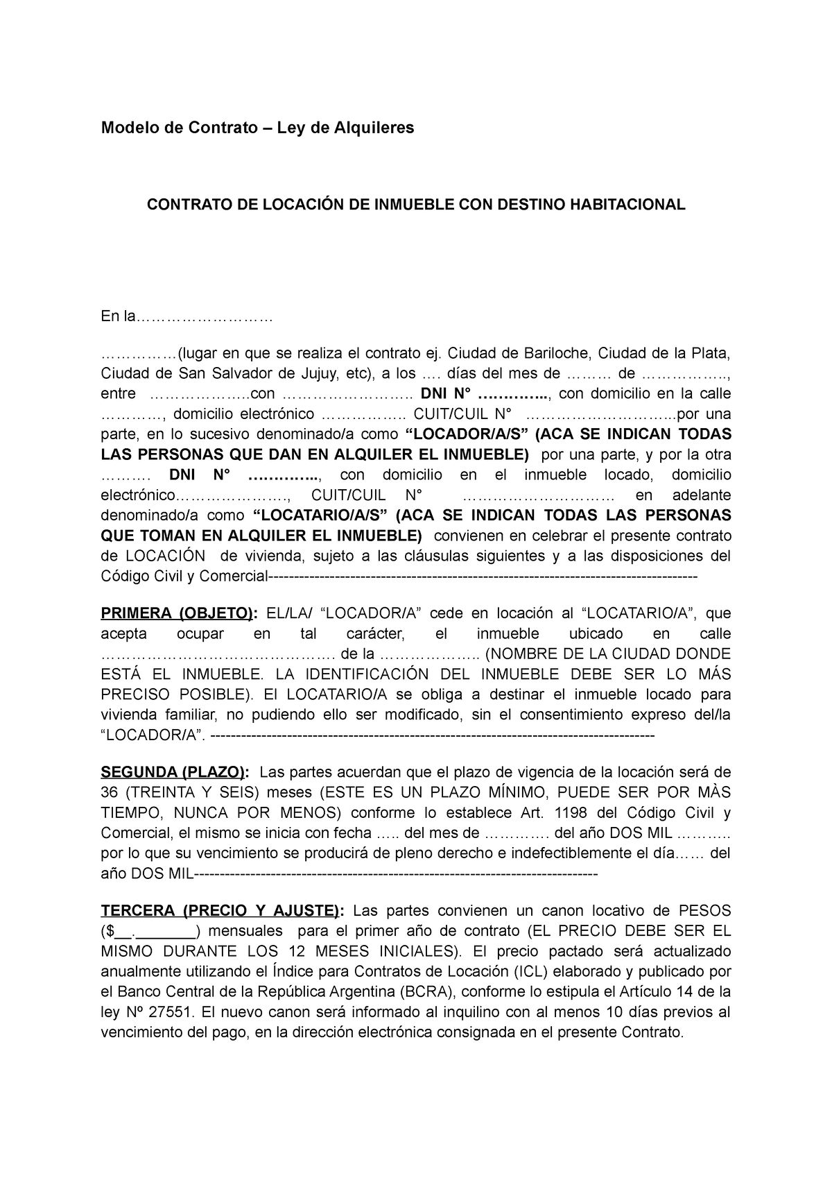 Modelo De Contrato De Locacion Modelo De Contrato Ley De Alquileres Contrato De LocaciÓn De 6769