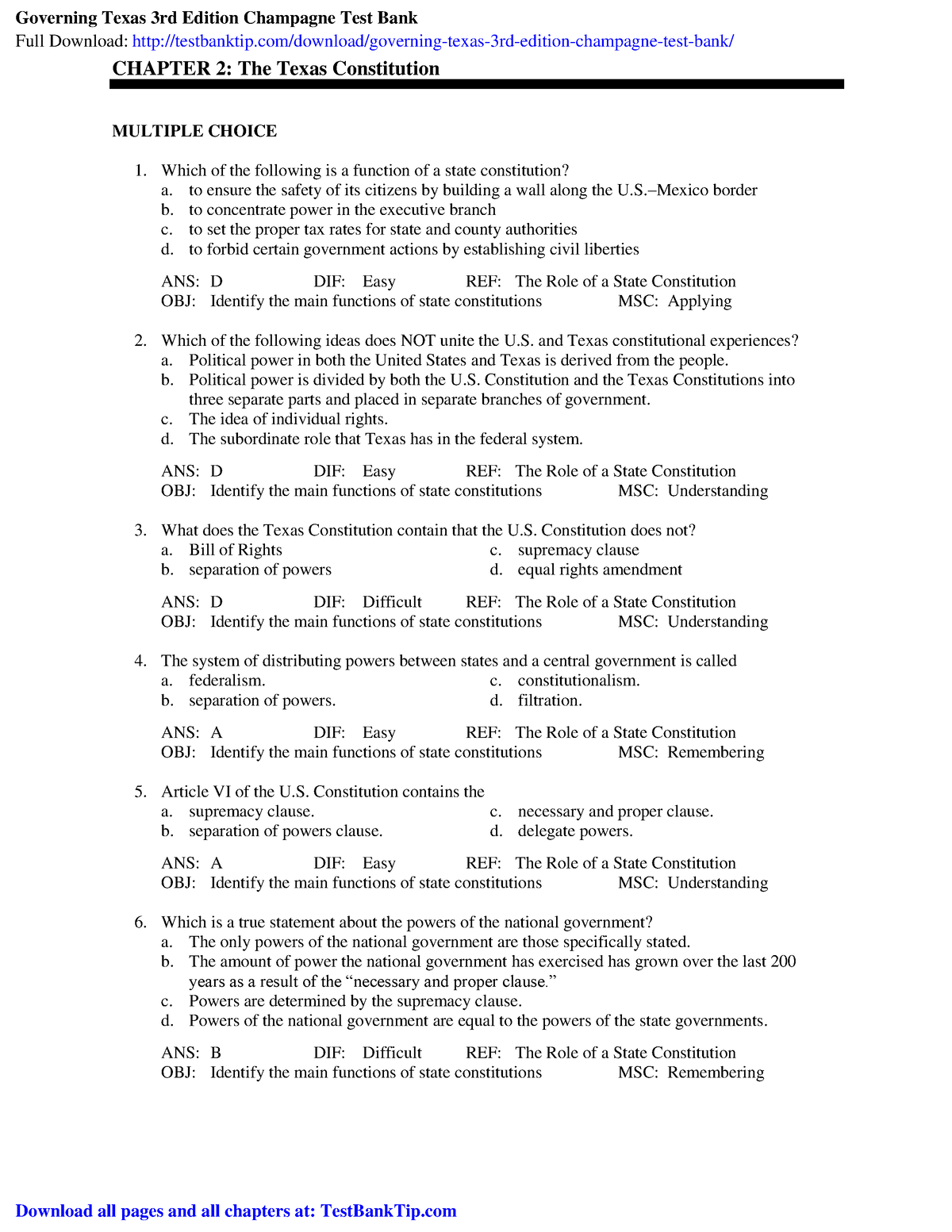 Governing texas 3rd edition champagne test bank - CHAPTER 2: The Texas ...