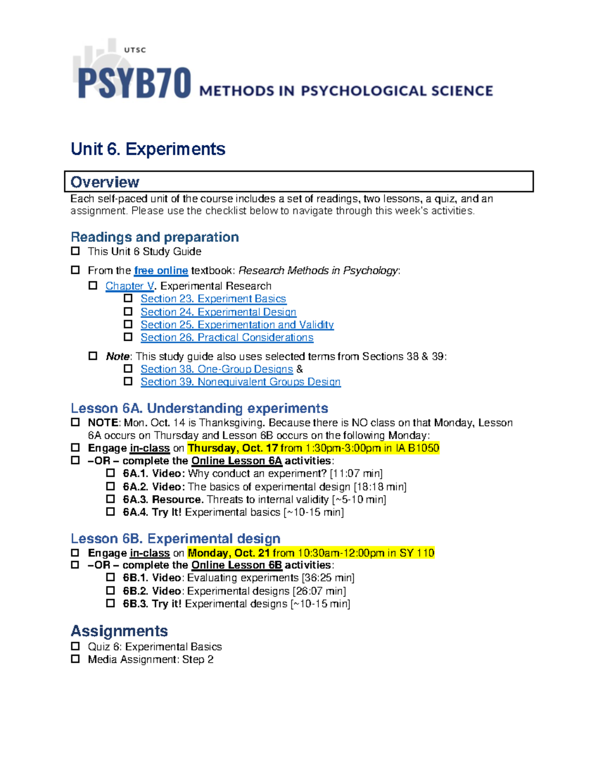 Unit 6 Study Guide - notes - Unit 6. Experiments Overview Each self ...