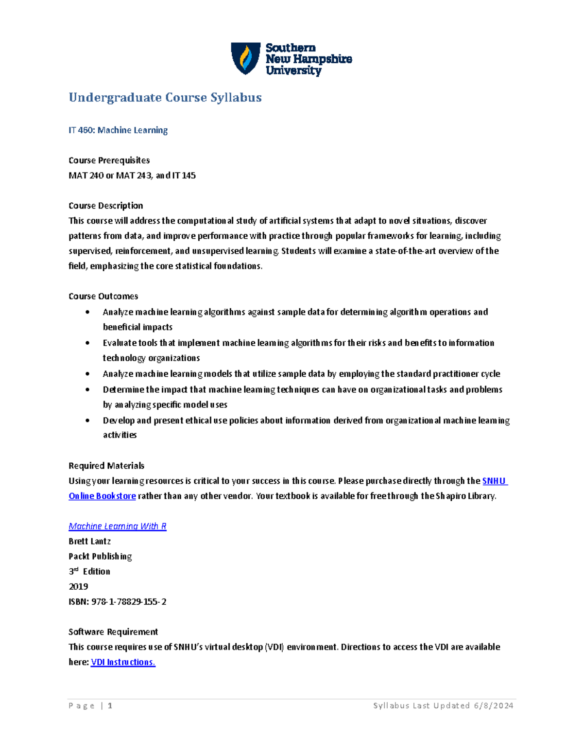 IT 460 Syllabus - Undergraduate Course Syllabus IT 460: Machine ...