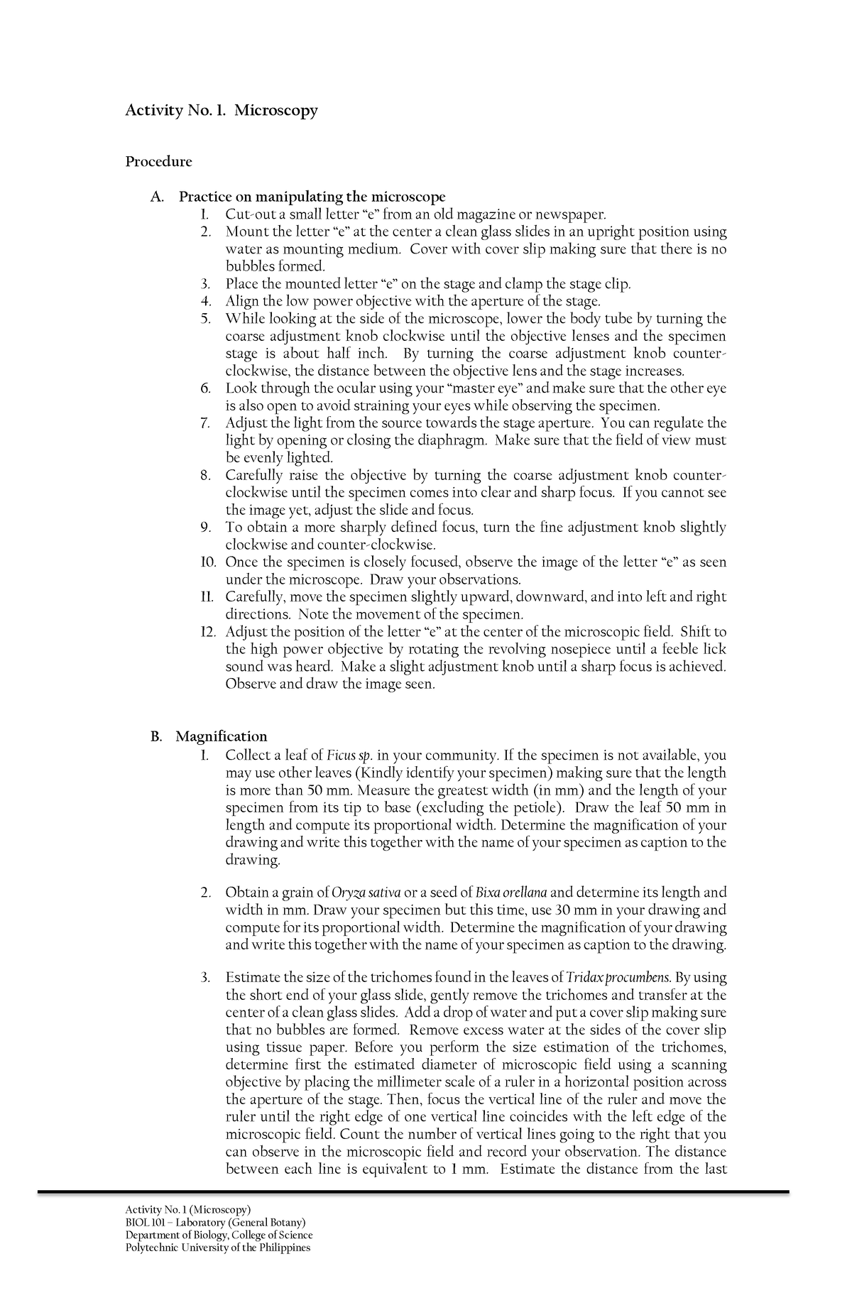 LA1 Microscopy - Botany - Activity No. 1 (Microscopy) BIOL 101 ...