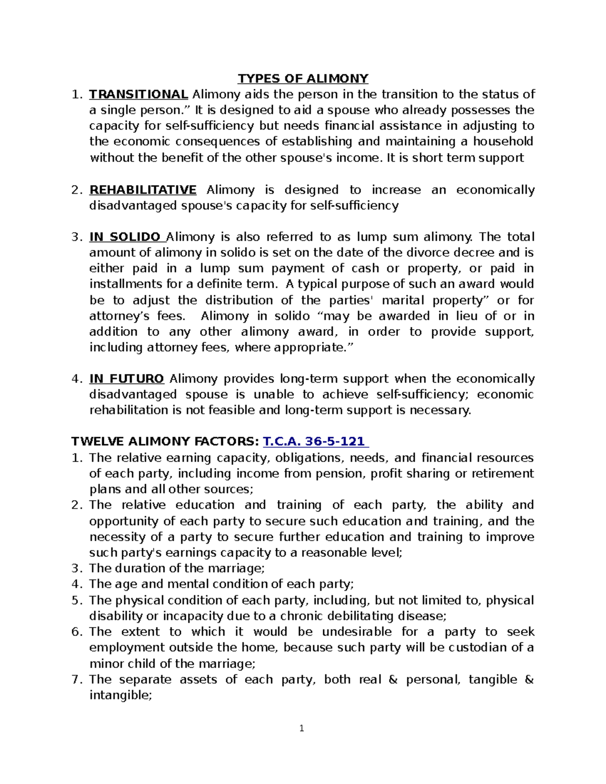 Final Class Notes (other student) TYPES OF ALIMONY TRANSITIONAL