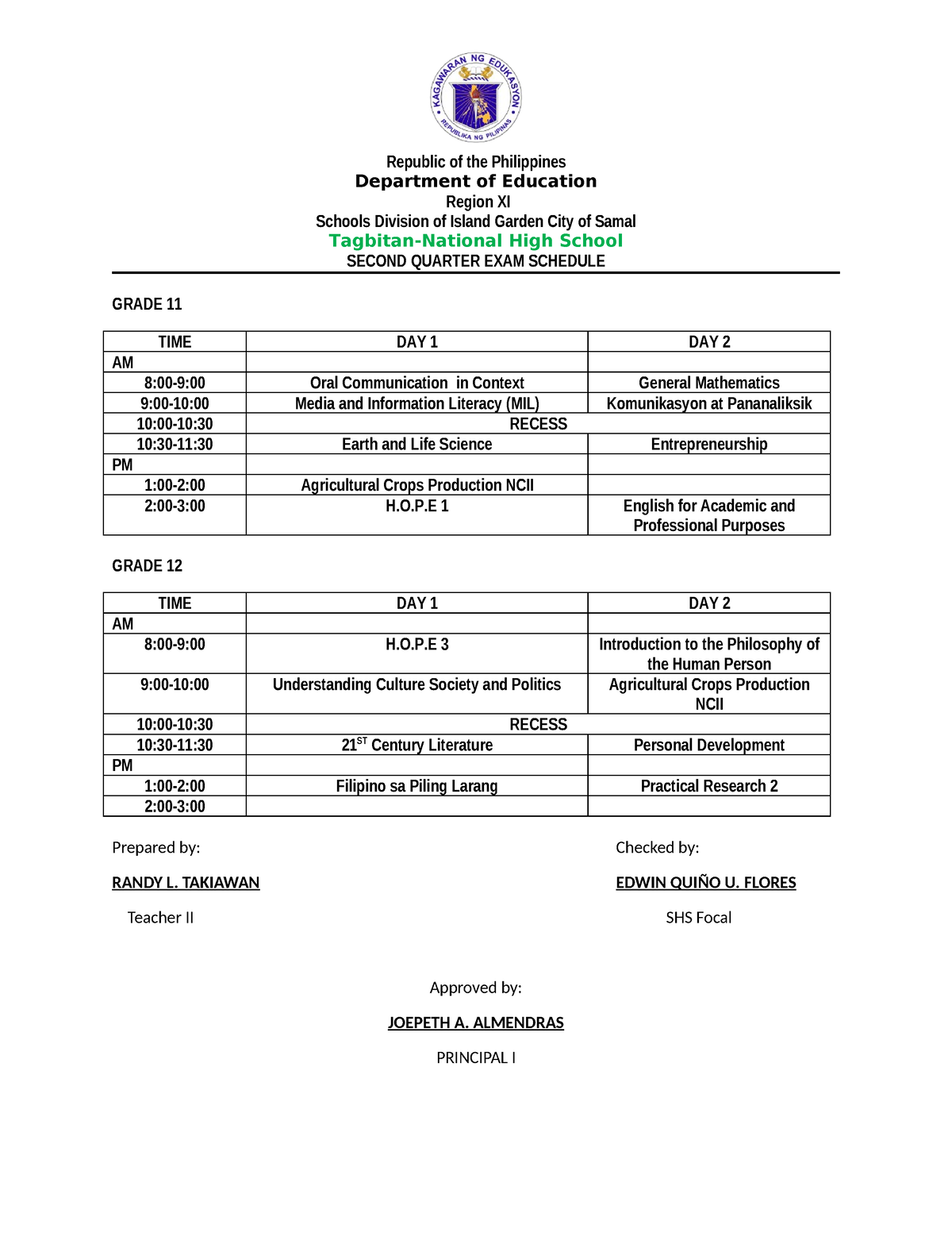 2nd Quarter EXAM Schedule - Republic Of The Philippines Department Of ...