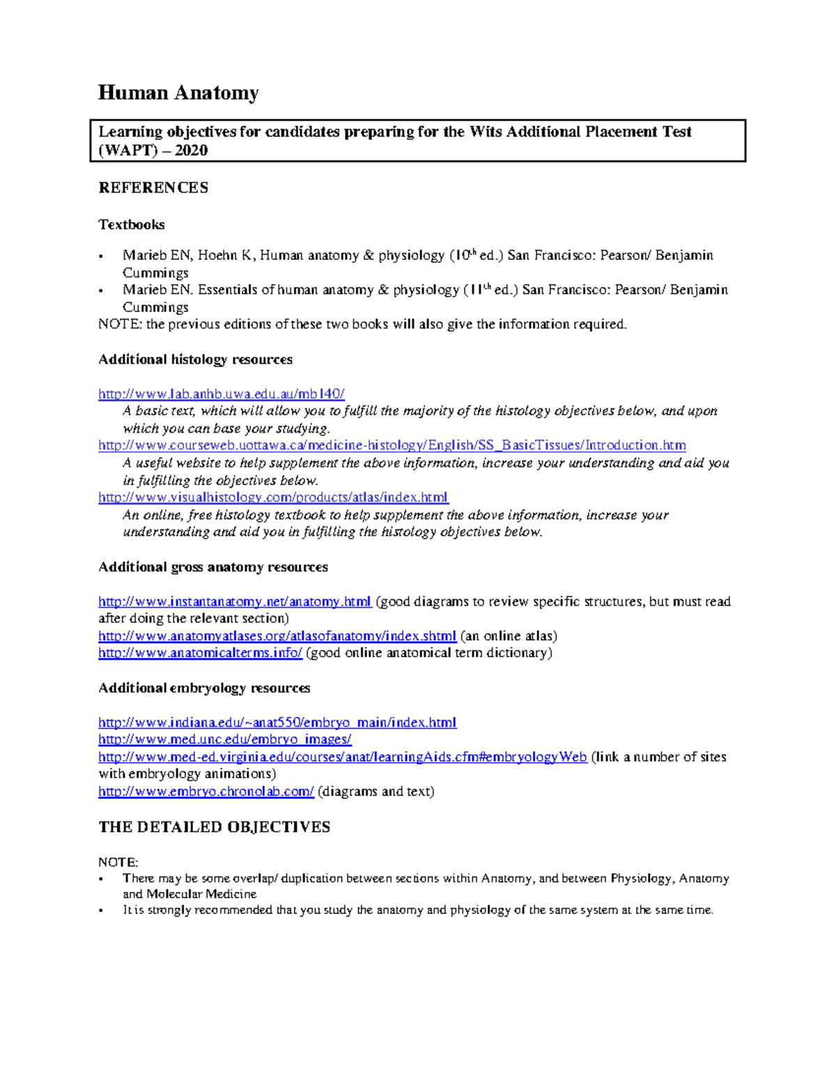 Human Anatomy objectives WAPT 2020 - Human Anatomy Learning objectives ...