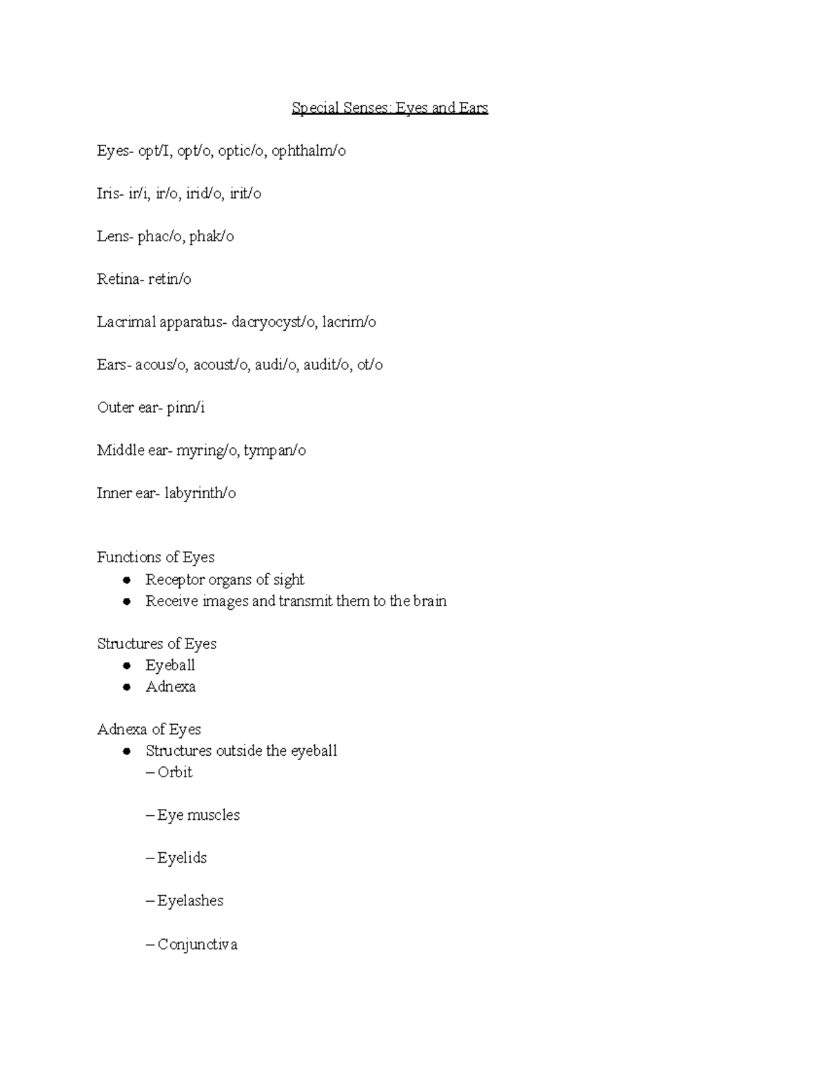 Special Senses Eyes and Ears Studocu