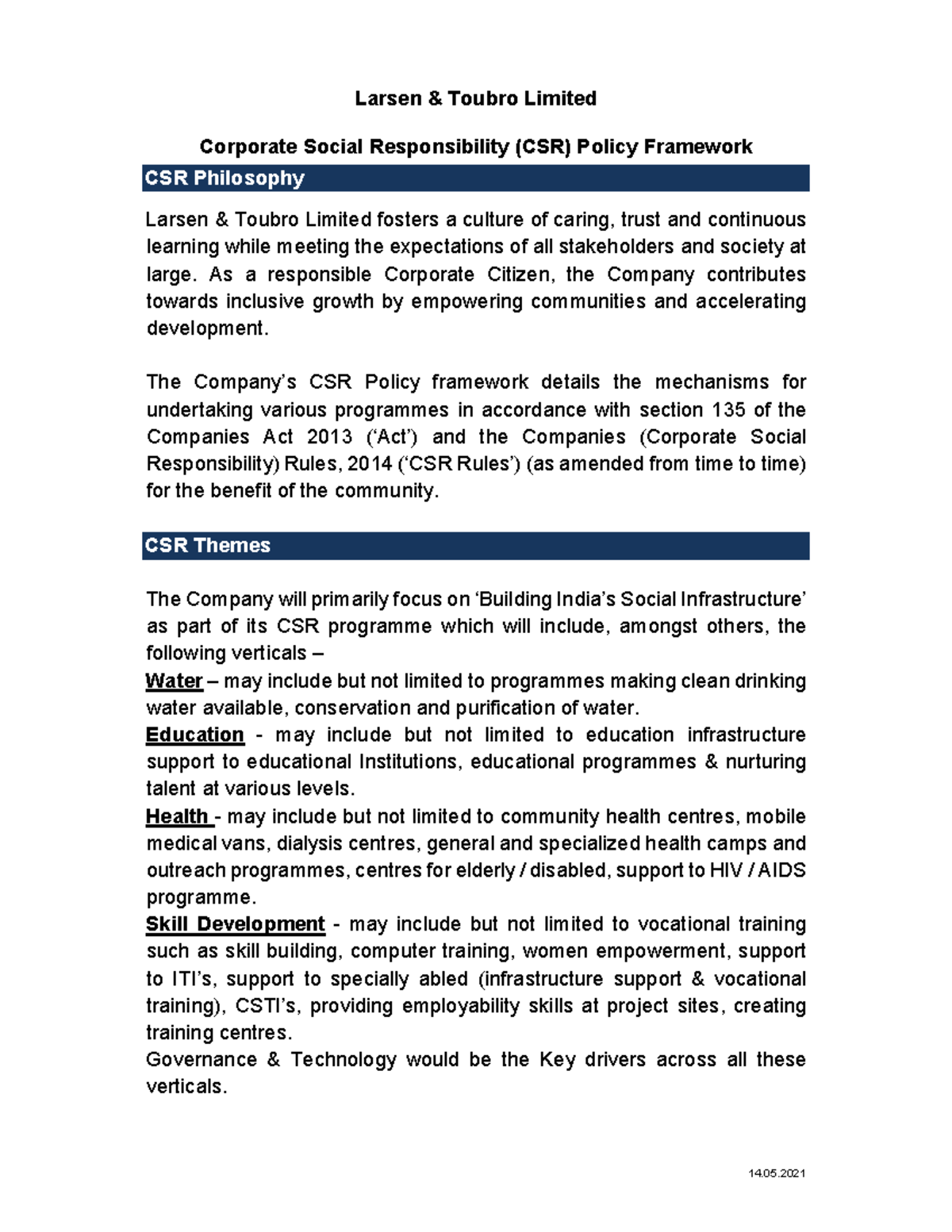 Csr of l and t company assignments larsen toubro limited