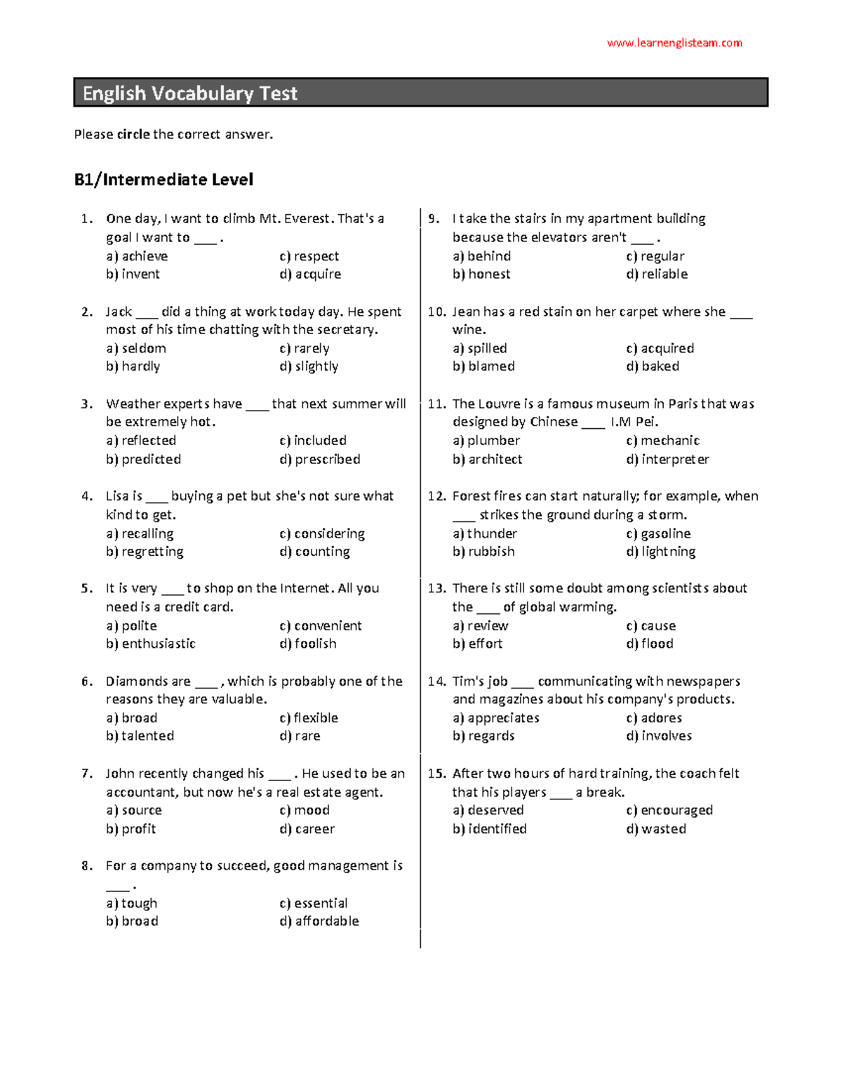 English-Test-B1 - Nagvbhj - English Vocabulary Test Please Circle The ...