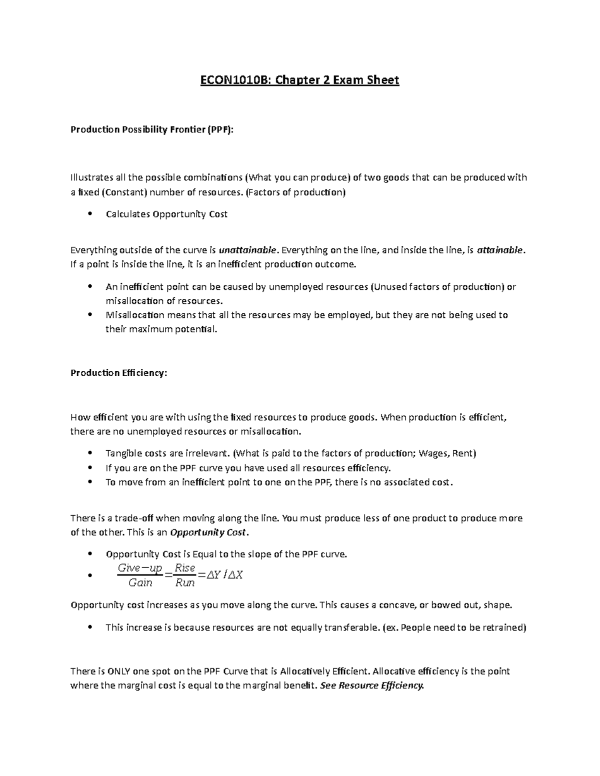 ECON1010 Chapter 2 Notes - ECON1010B: Chapter 2 Exam Sheet Production ...