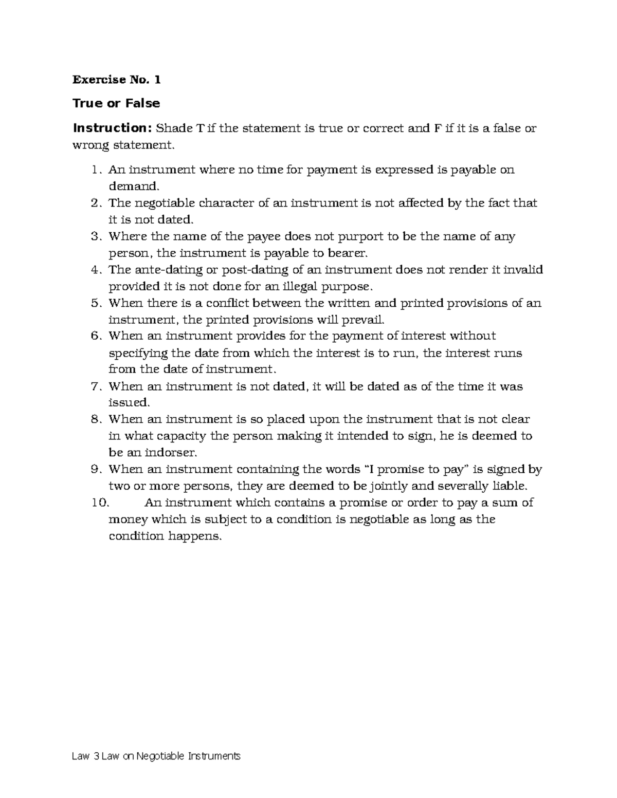 Law 3 Exercises and Prelim Exam - Exercise No. 1 True or False ...