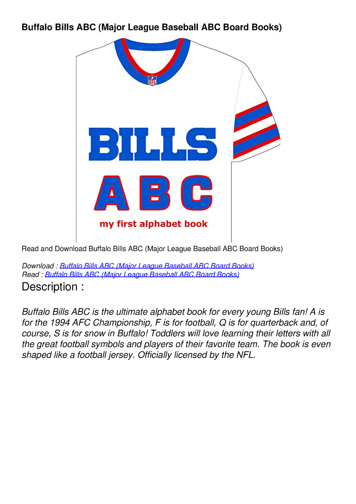 Buffalo Bills ABC My First Alphabet Board Book NEW