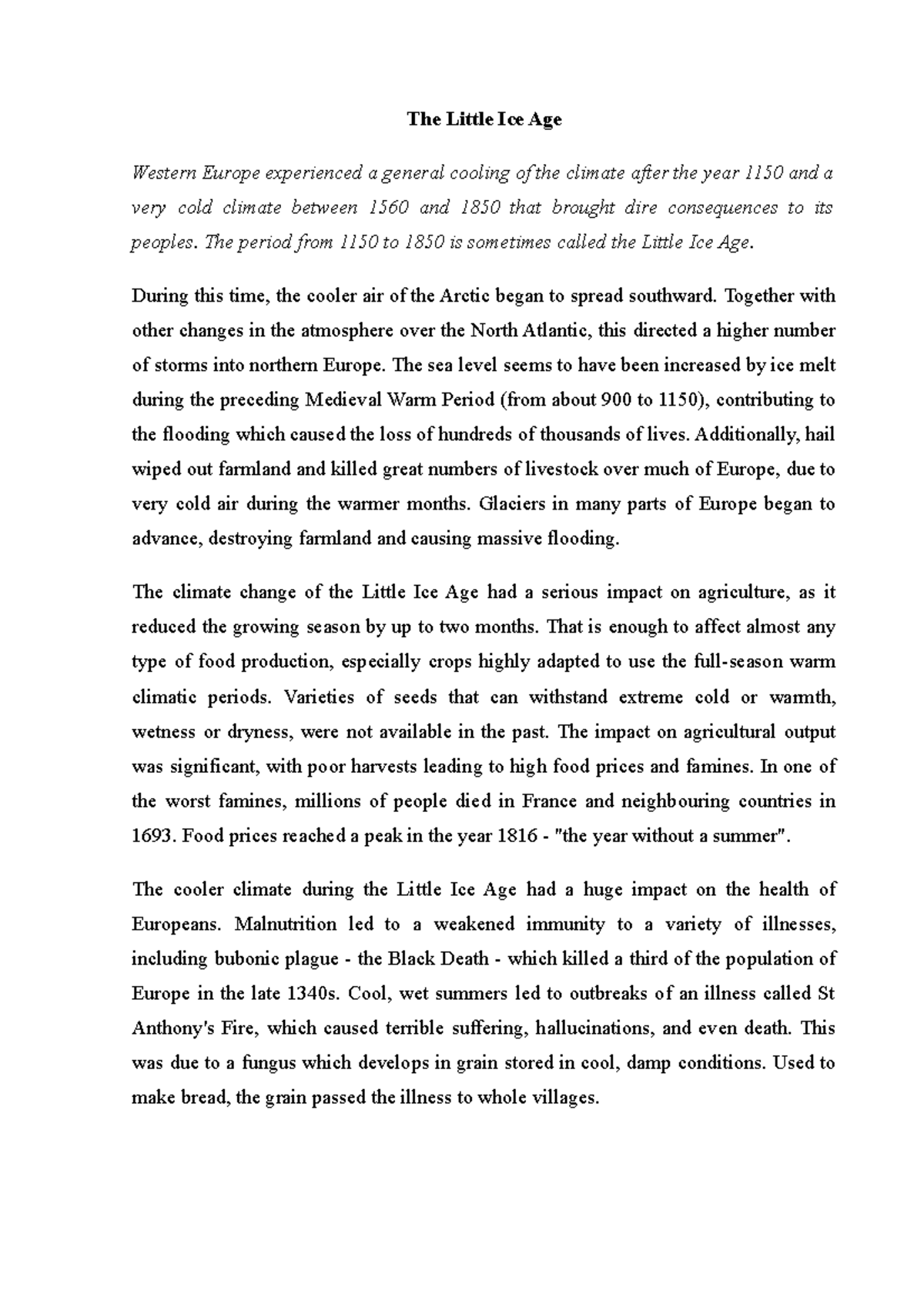 Class U 127 English The Little Ice Age Western Europe experienced a