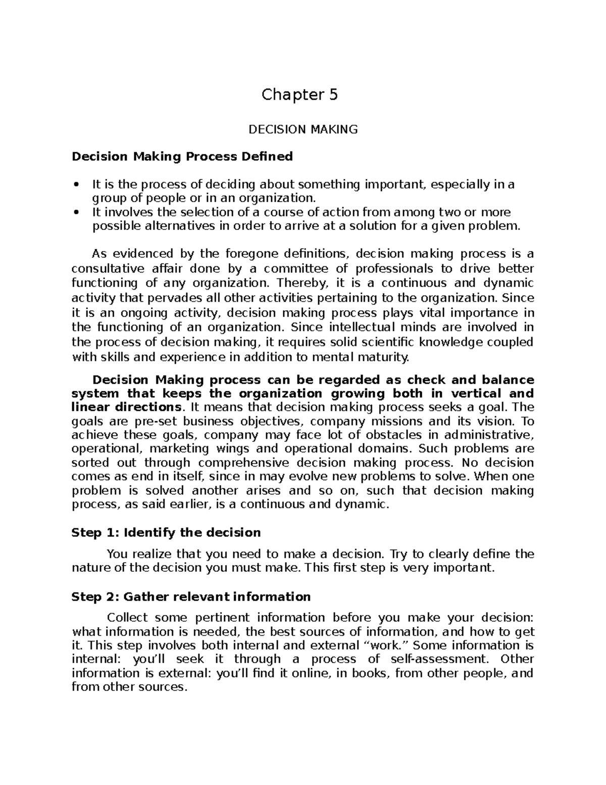 3rd Handout Chapter 5 Decisionmaking - Chapter 5 DECISION MAKING ...
