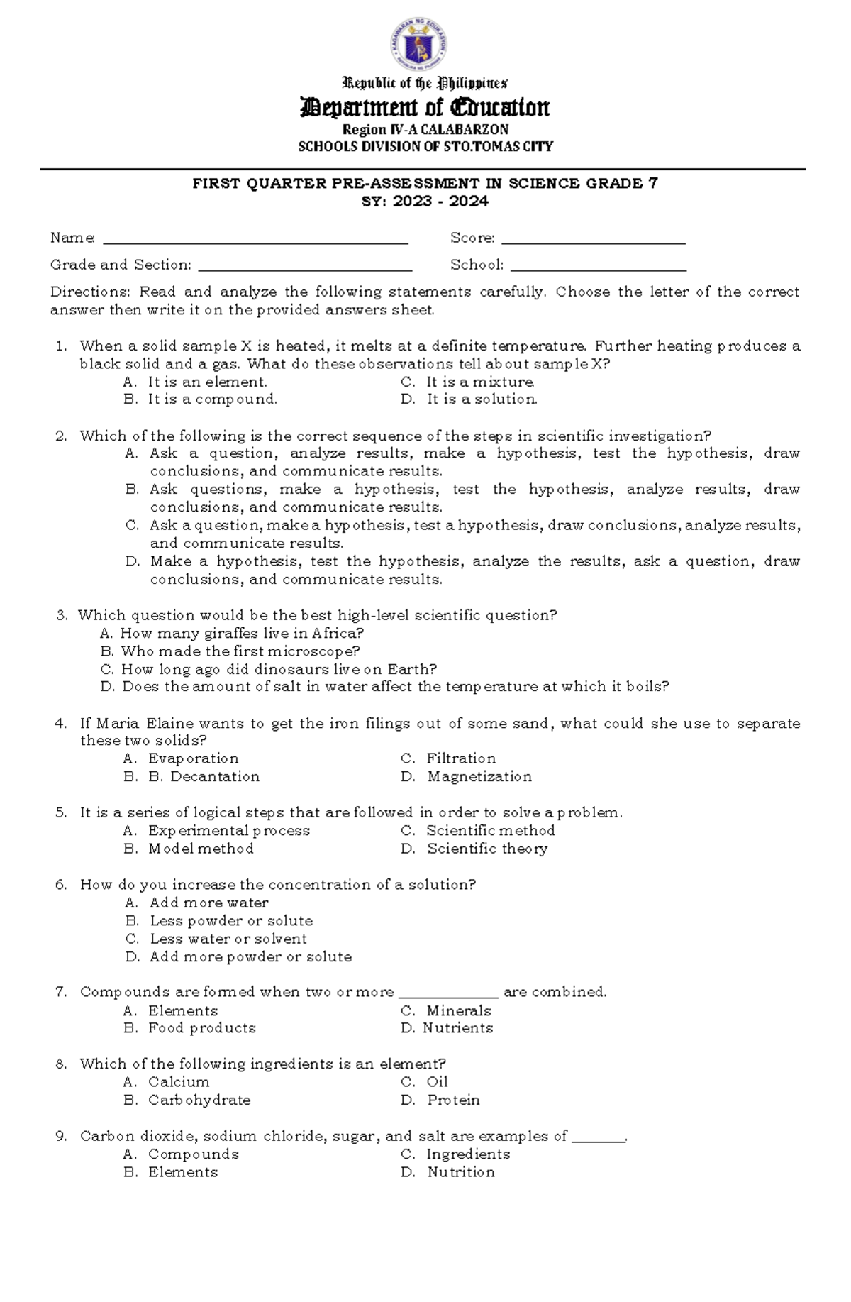 Science 7- Assessment - Republic of the Philippines Department of ...