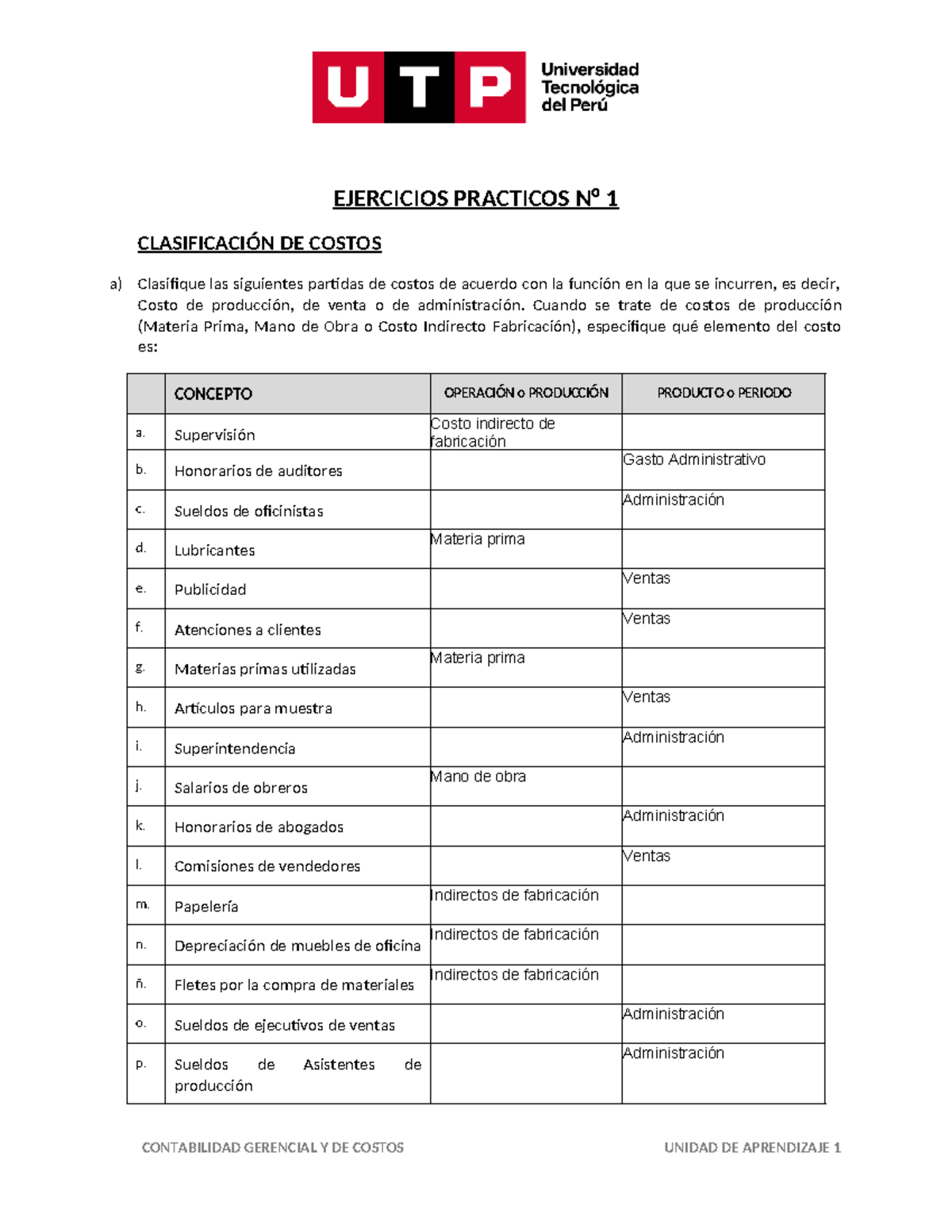 Ejercicios N° 1 - Clasificacion DE Costos - CONTABILIDAD GERENCIAL Y DE ...