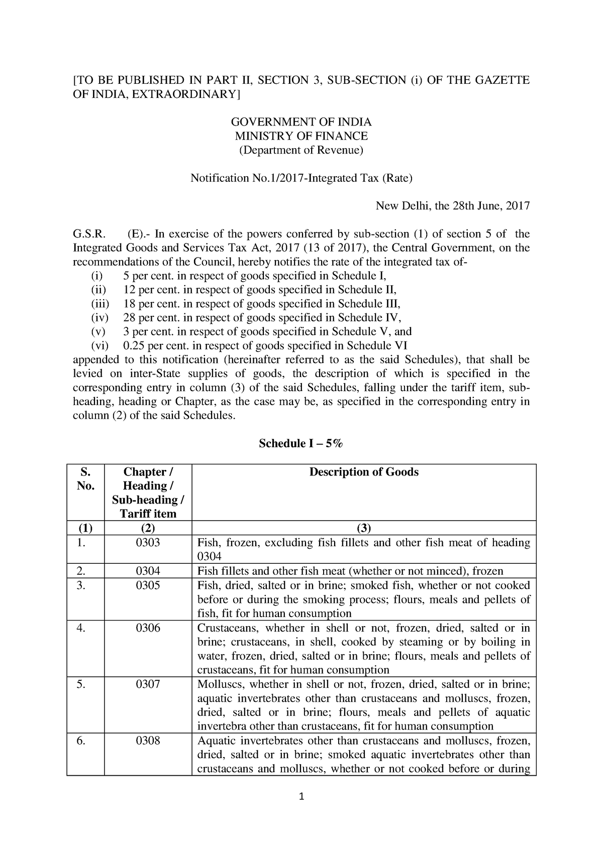 01-2017 Notification For IGST Rate Schedule-1 - [TO BE PUBLISHED IN ...