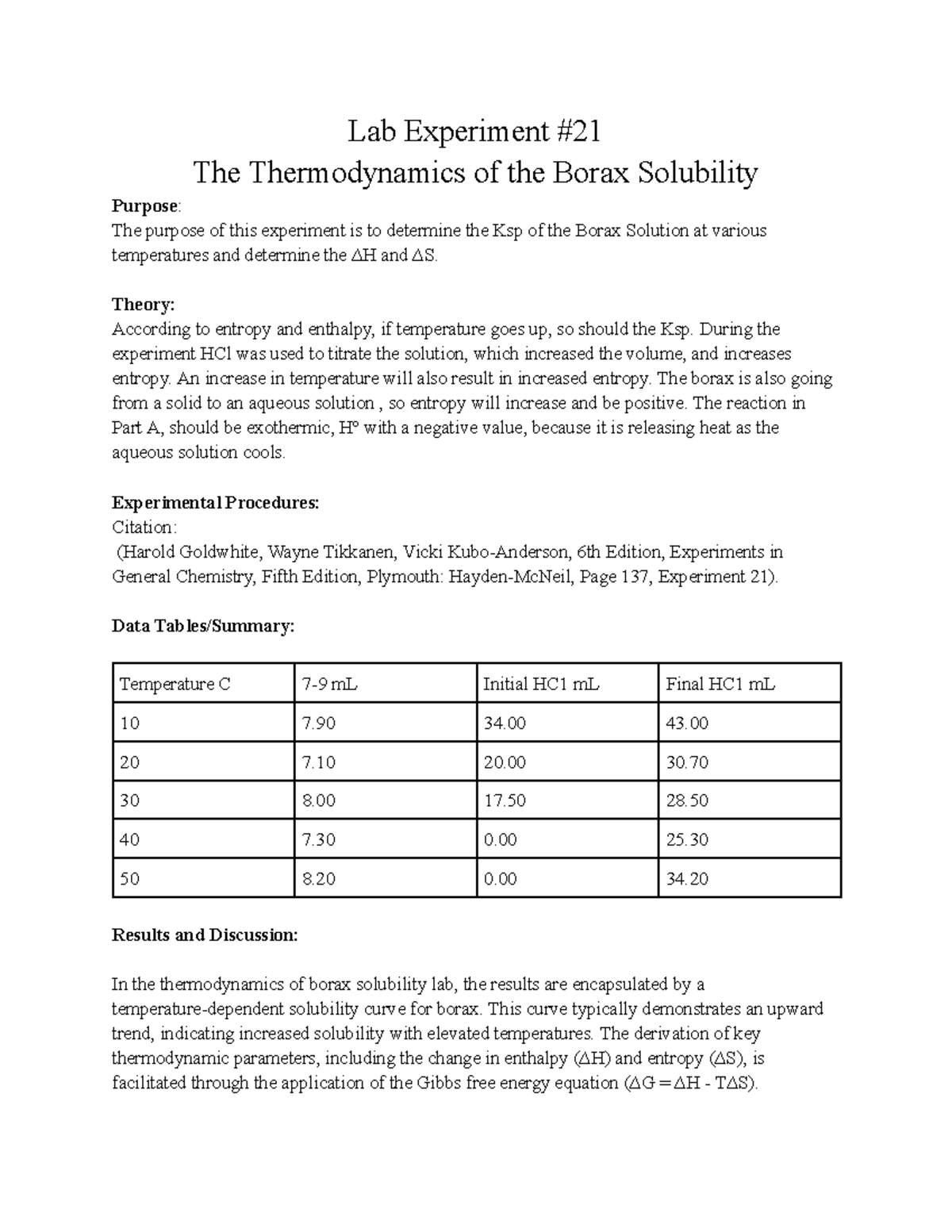 The Thermodynamics of the Borax Solubility - Lab Experiment The ...