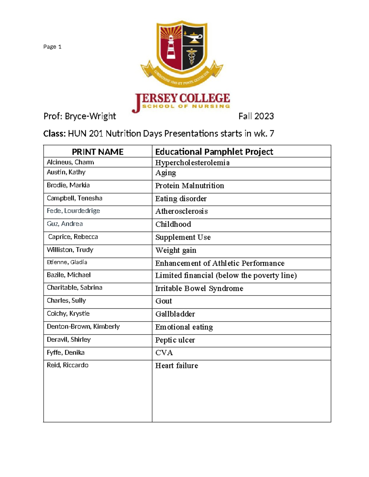 Educational Pamphlet Project Assignment Days Fall 2023 - Page 1 Prof ...