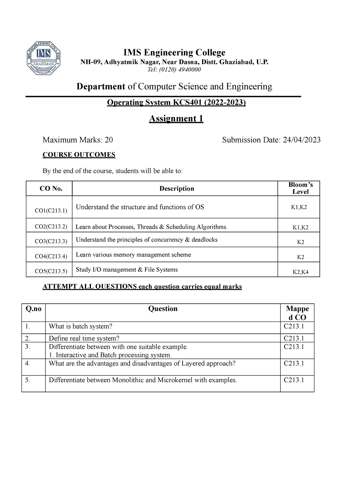 2142023 1530 Assignment-1 - B.tech - AKTU - Studocu