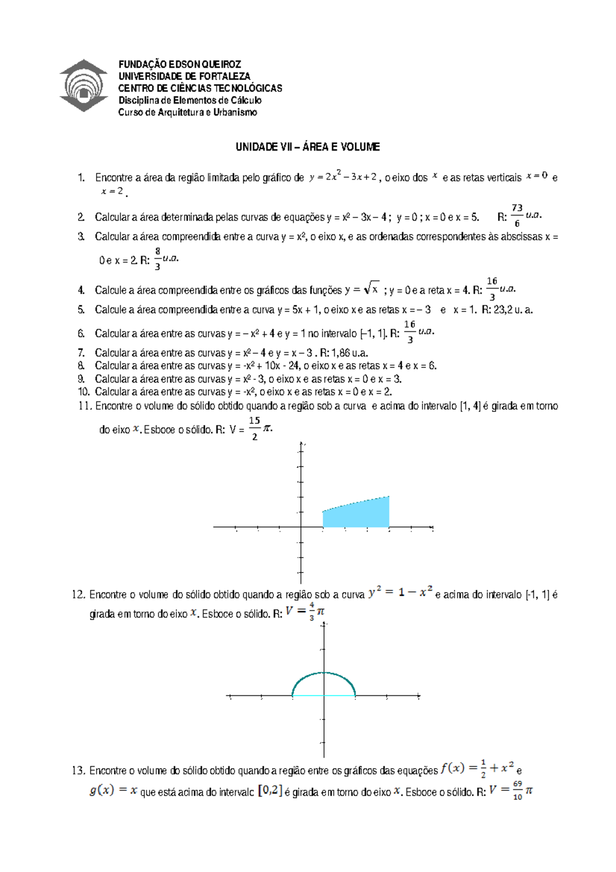 Lista De Integral Definida Area E Volume Studocu