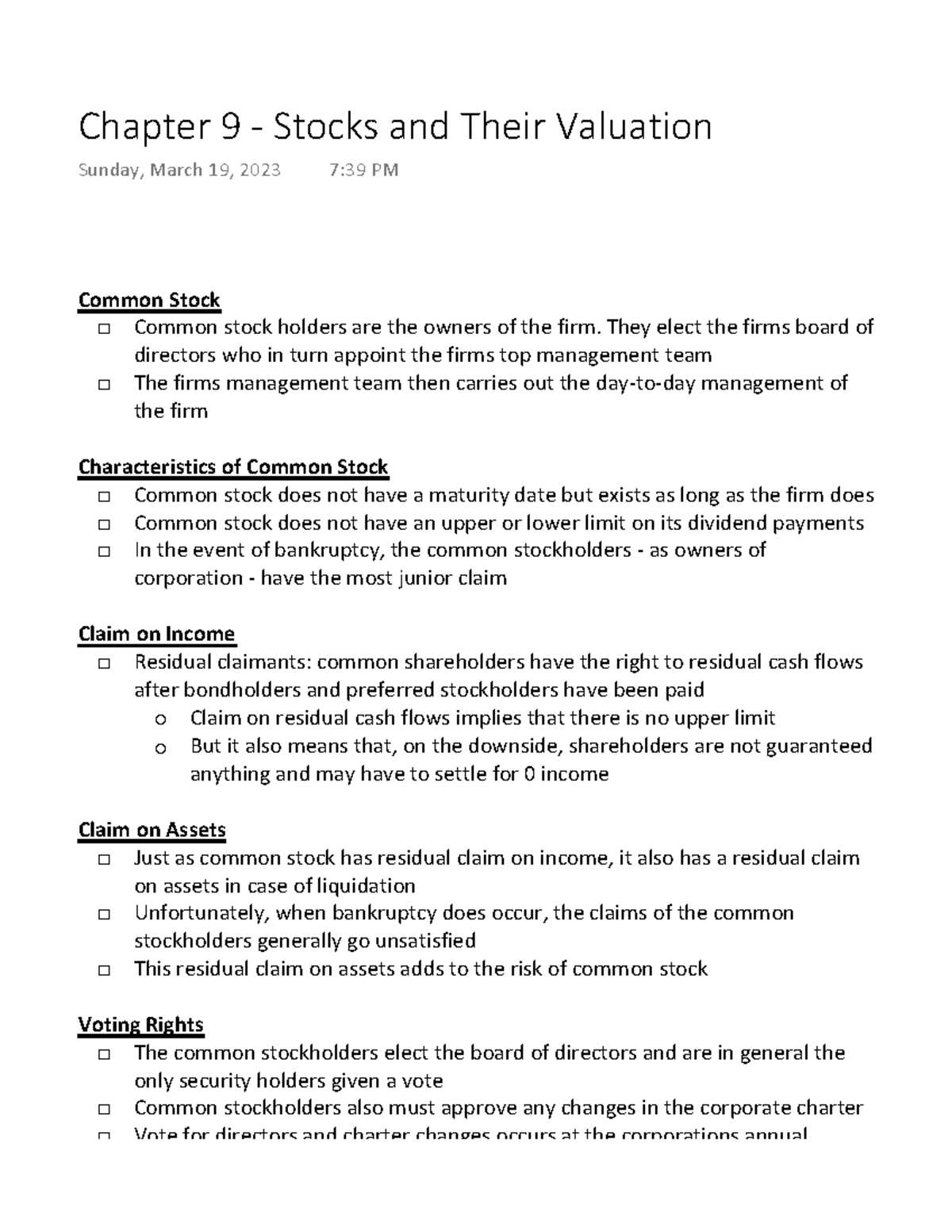 Chapter 9 Stocks and Their Valuation Common Stock Common stock