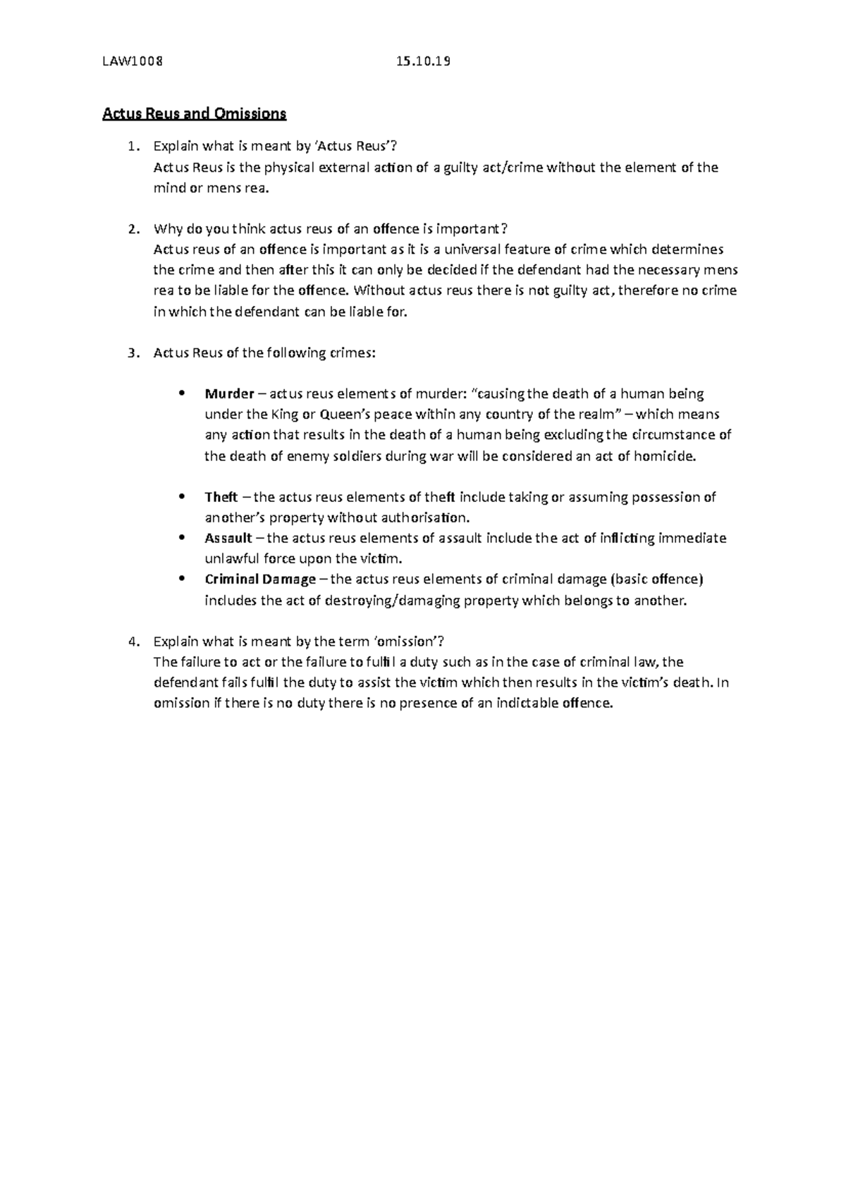Actus Reus and Omissions - LAW1008 15. Actus Reus and Omissions Explain ...