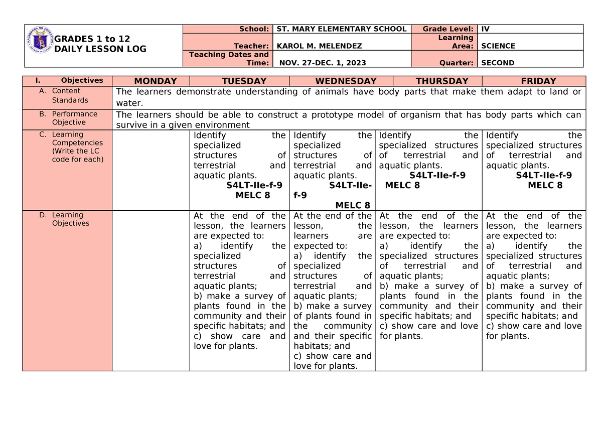 Science 4 Q2 WEEK 5 DLL - DLL - GRADES 1 To 12 DAILY LESSON LOG School ...