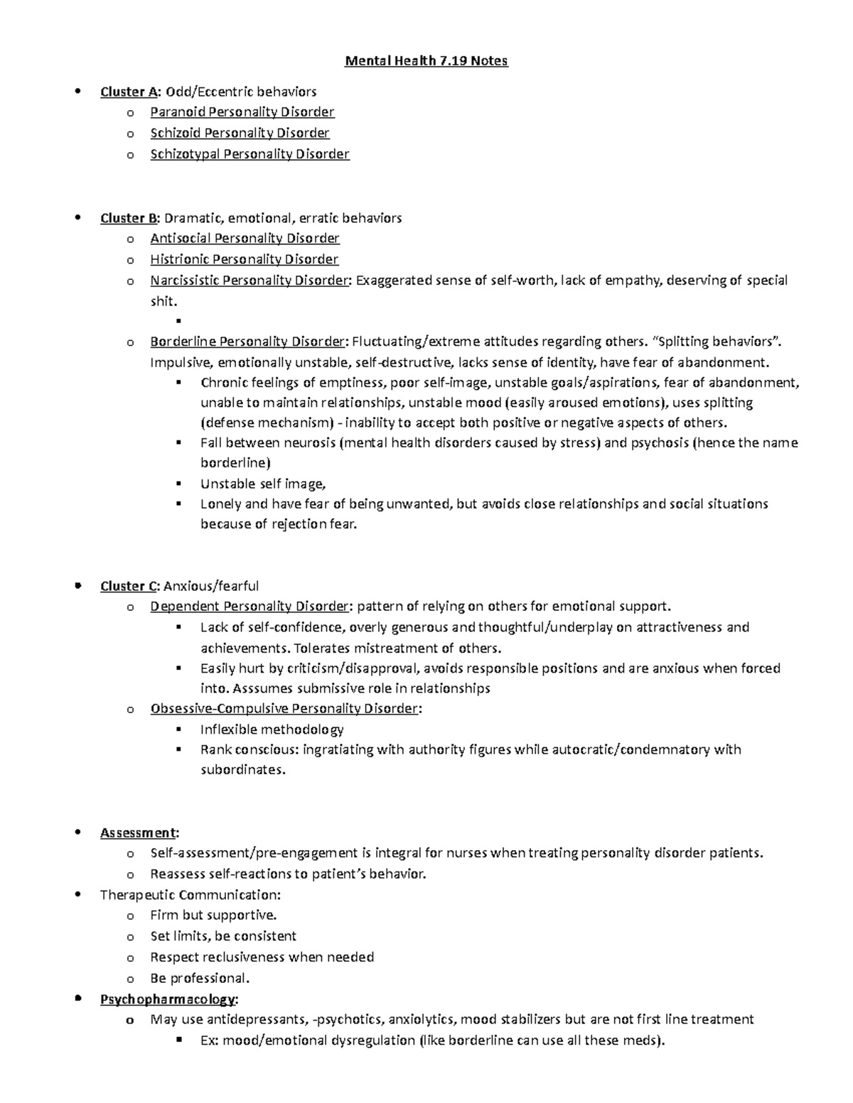 Mental Health Notes Exam 4 - Mental Health 7 Notes Cluster A: Odd 