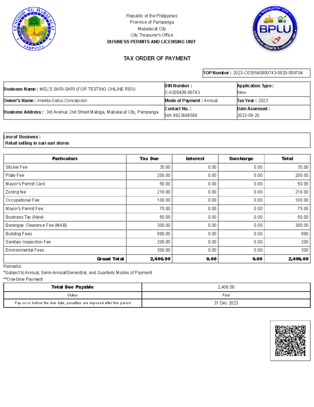 View Tax Order of Payment BPLS TOP Number 2023C0305409007430920