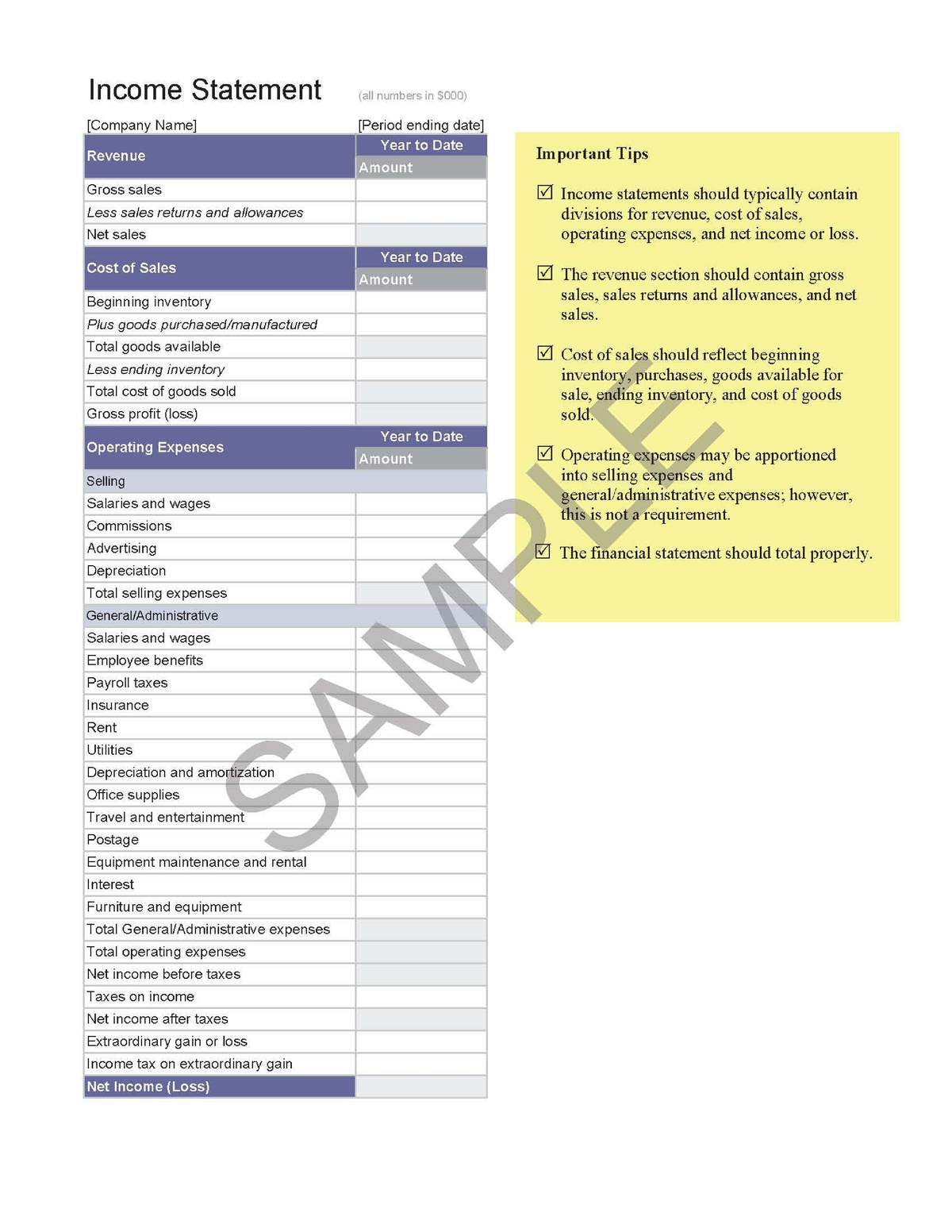 Sample Financial Statements - Income Statement (all numbers in $000 ...