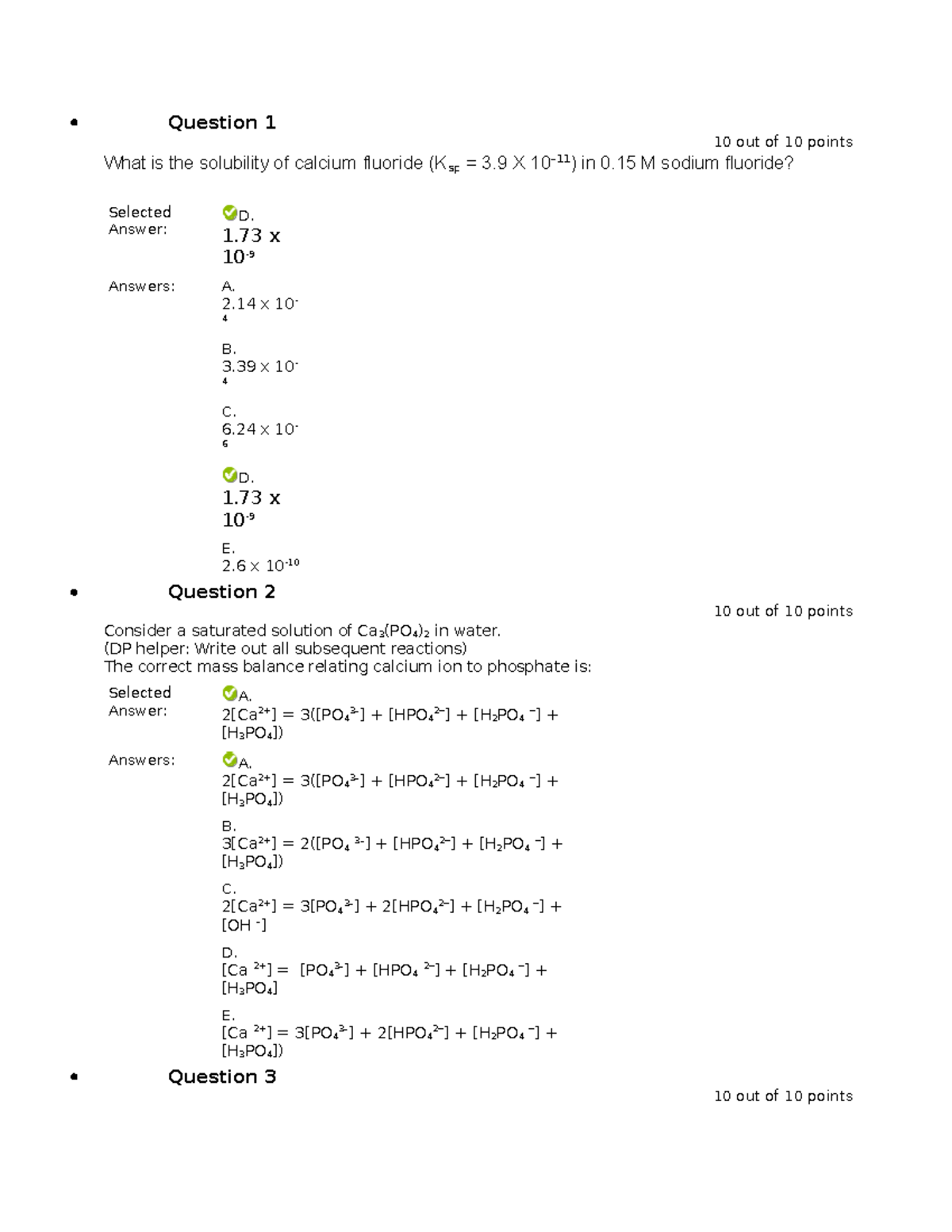 Quiz 3 quiz Question 1 10 out of 10 points What is the solubility