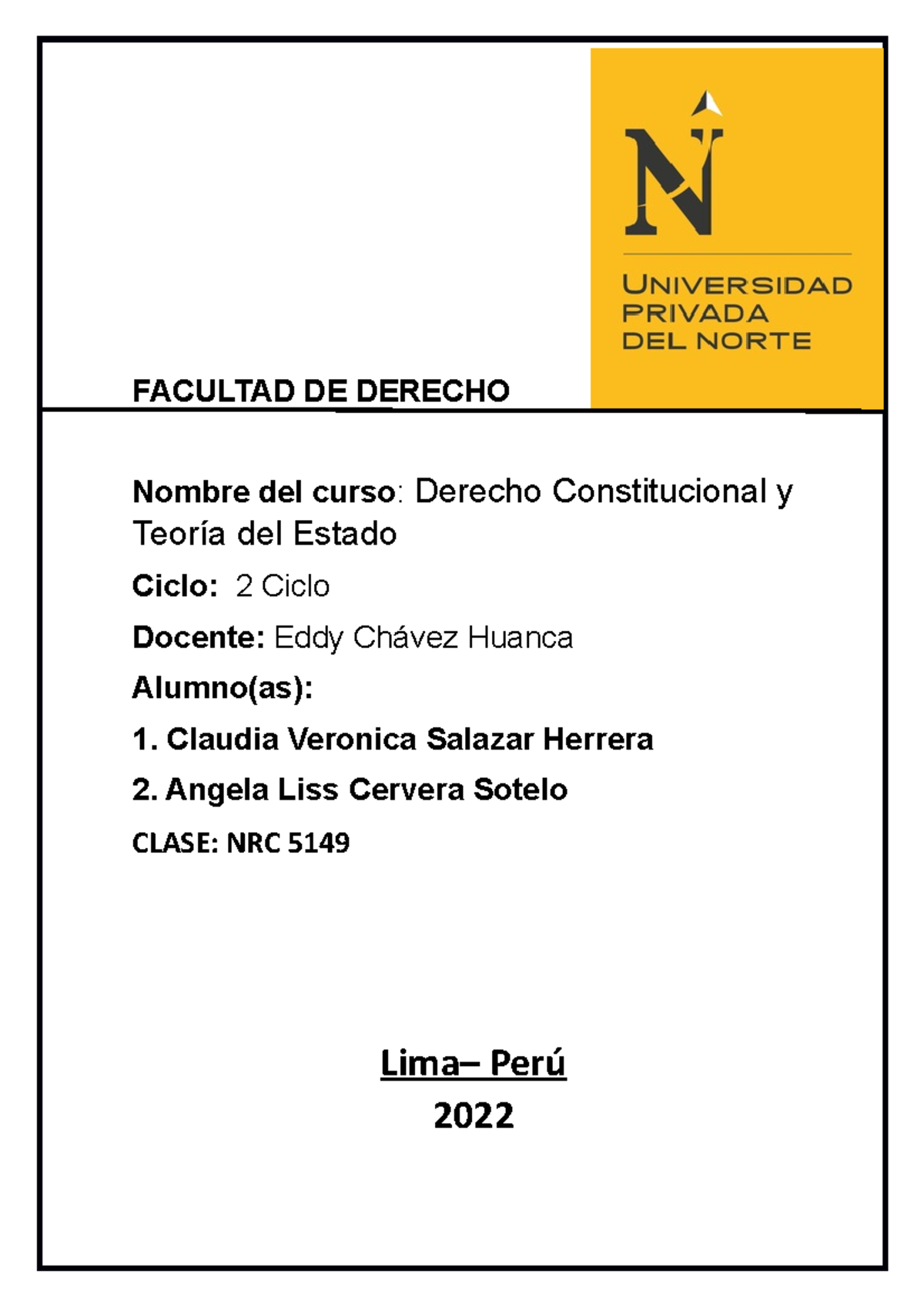 Caratula UPN Derecho - FACULTAD DE DERECHO Nombre del curso: Derecho ...