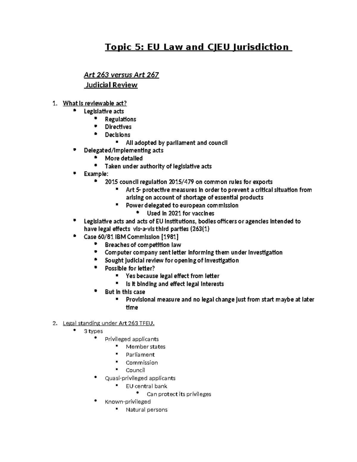 Topic 5 - exam prep - Topic 5: EU Law and CJEU Jurisdiction Art 263 ...