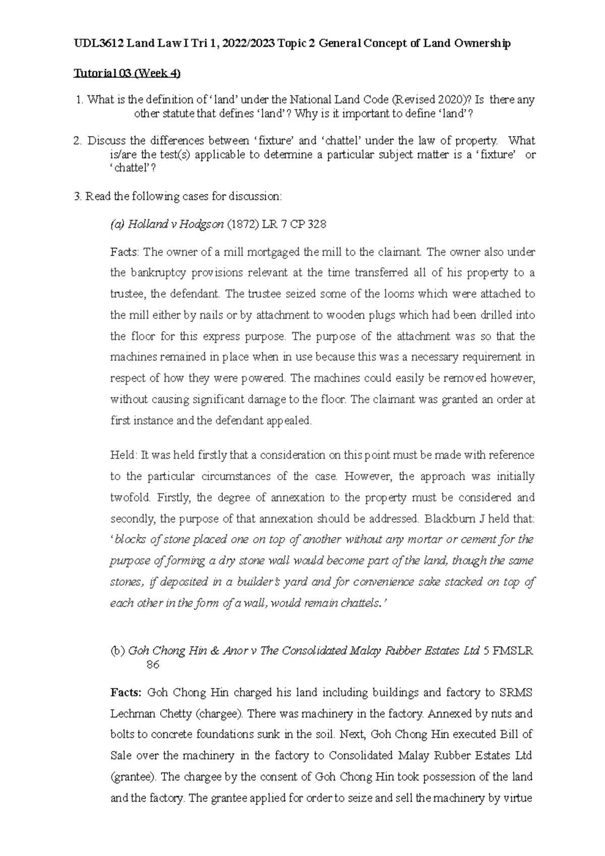 Tutorial 3 Land Law - dddddddd - UDL3612 Land Law I Tri 1, 2022/2023 ...
