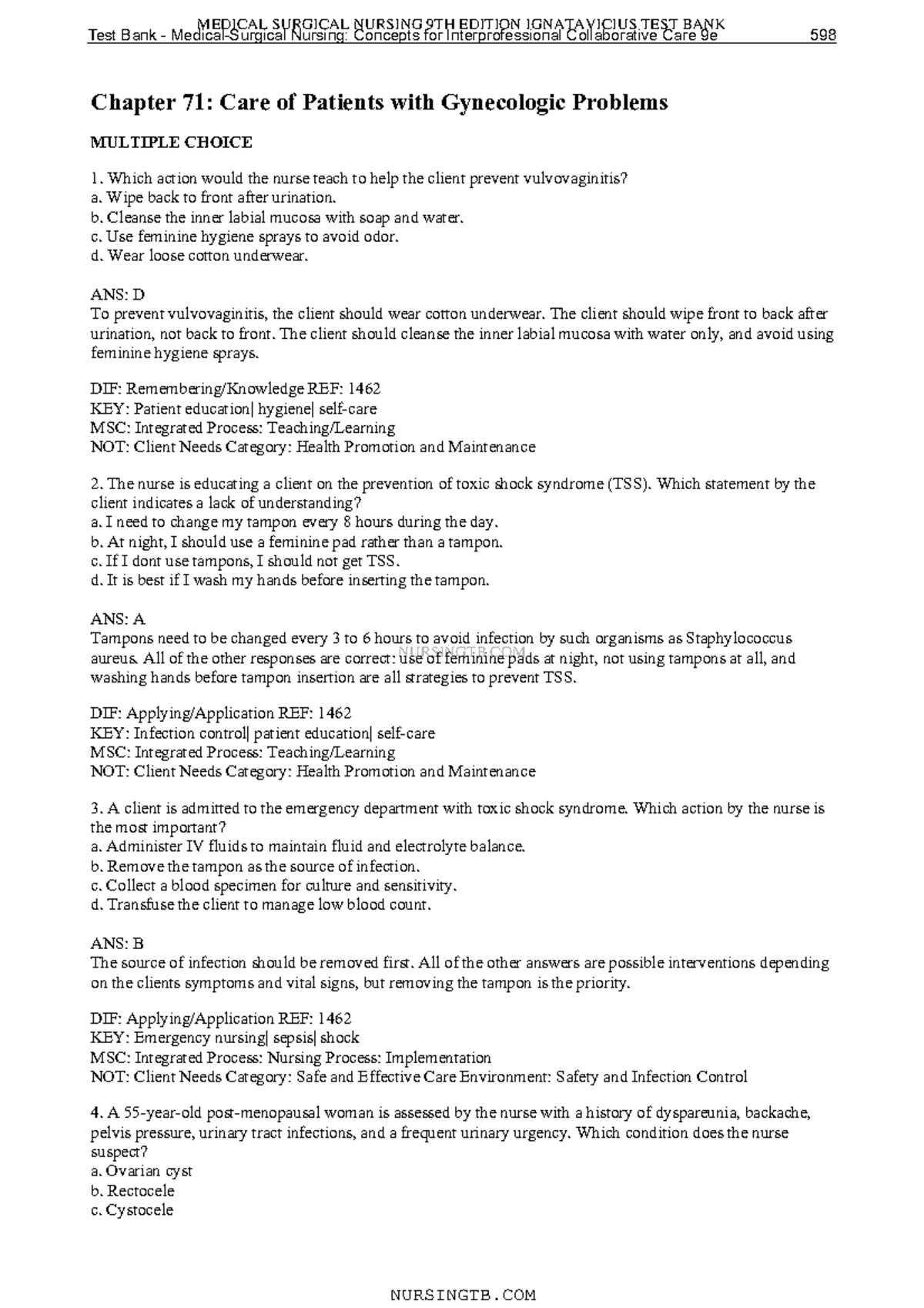 Chapter 71 Care of Patients with Gynecologic Problems NU1205 Studocu