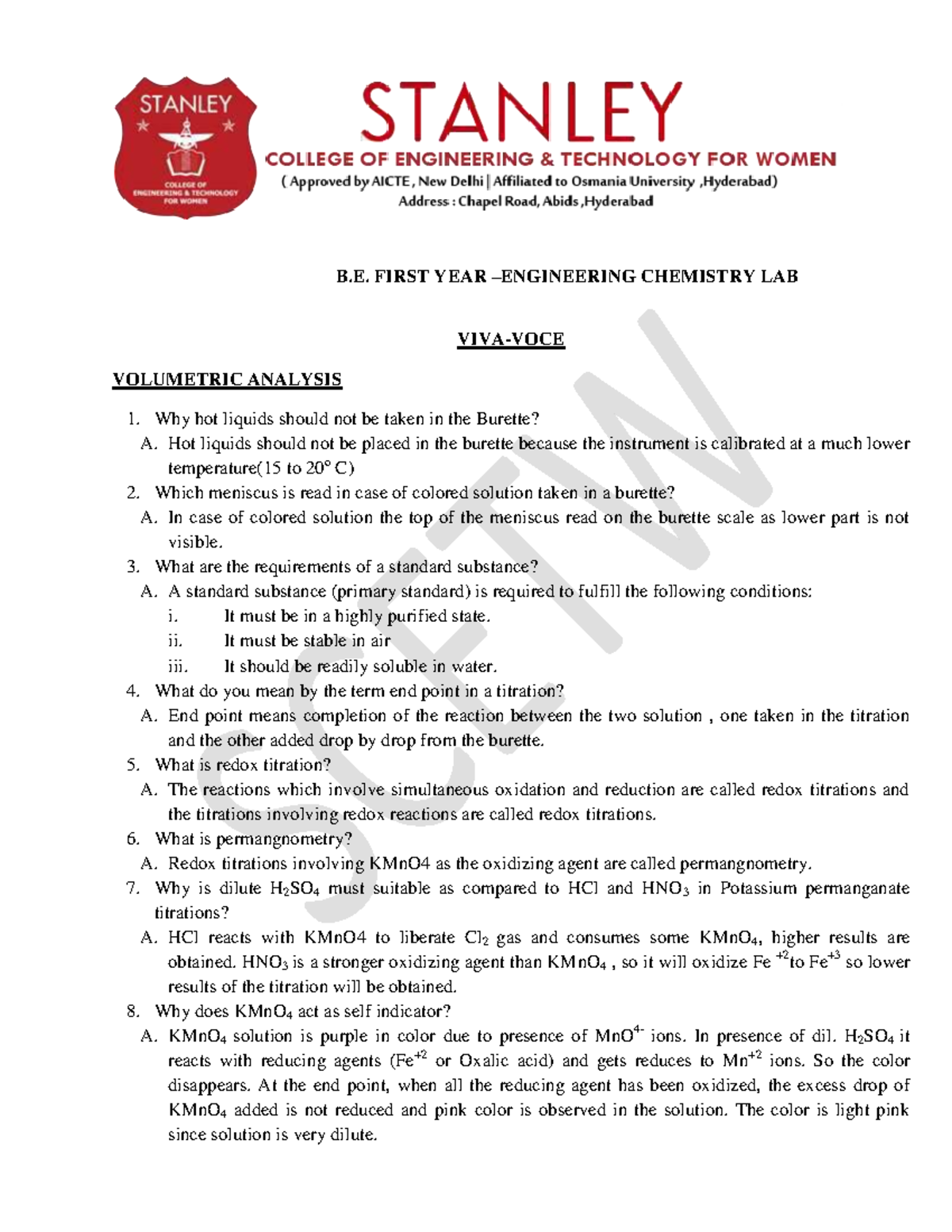 Chemistry Theory Short Answer Quertions B. FIRST YEAR ENGINEERING