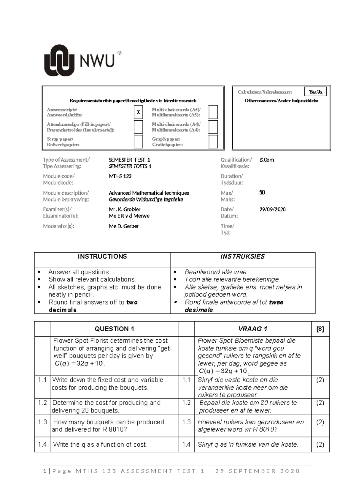 MTHS 123 Semester Assesment 1 29 September - Calculators/Sakrekenaars ...